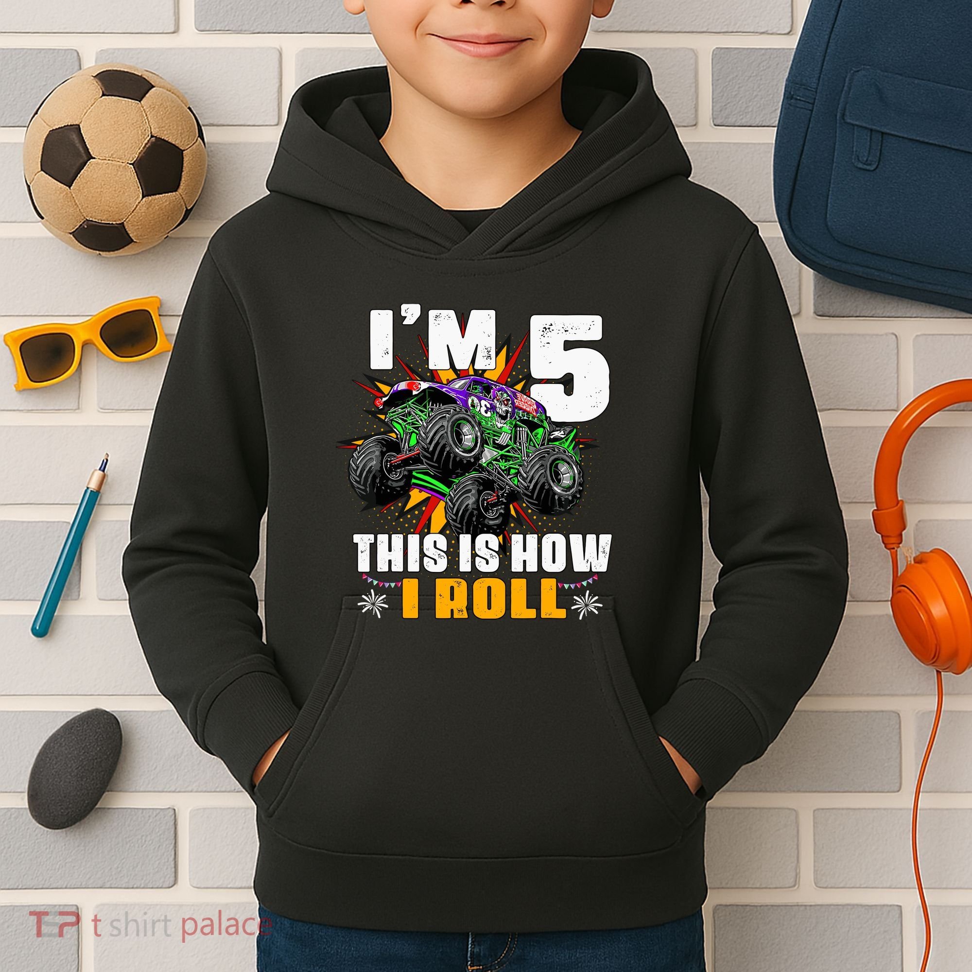 Monster Trucks 5th Birthday Party Five Years Kids Hoodie
