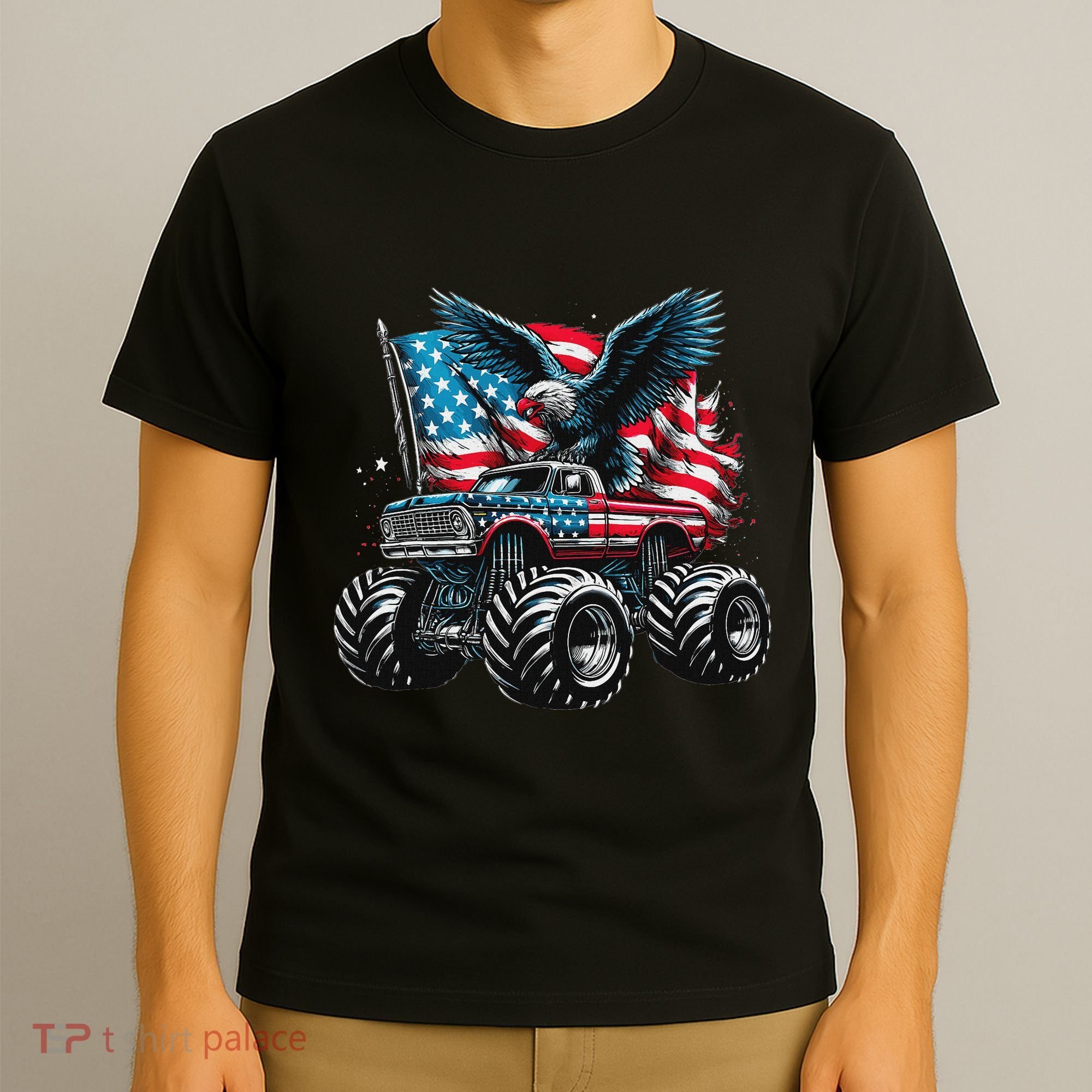 Monster Truck Bald Eagle 4th Of July American Flag T-Shirt