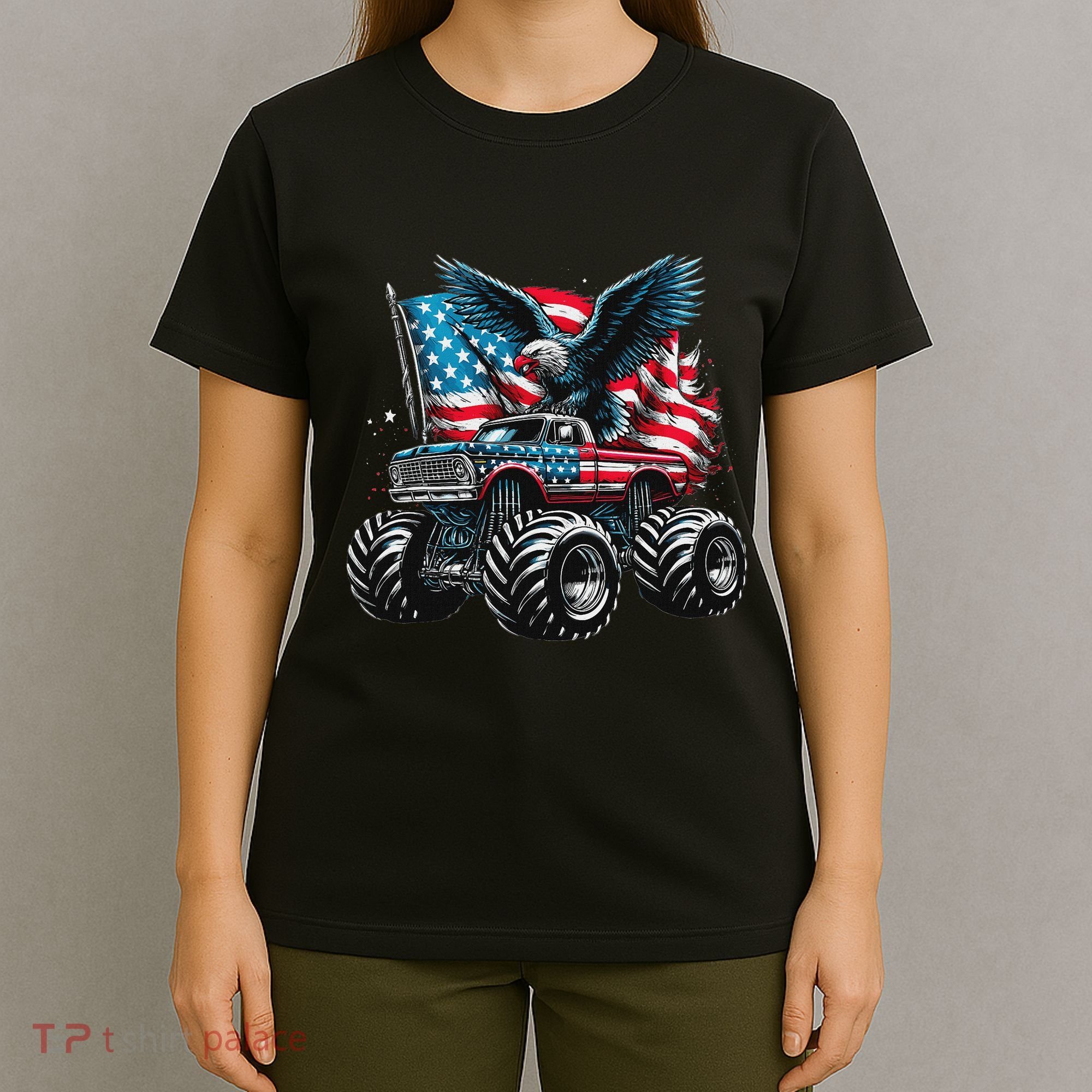 Monster Truck Bald Eagle 4th Of July American Flag T-Shirt
