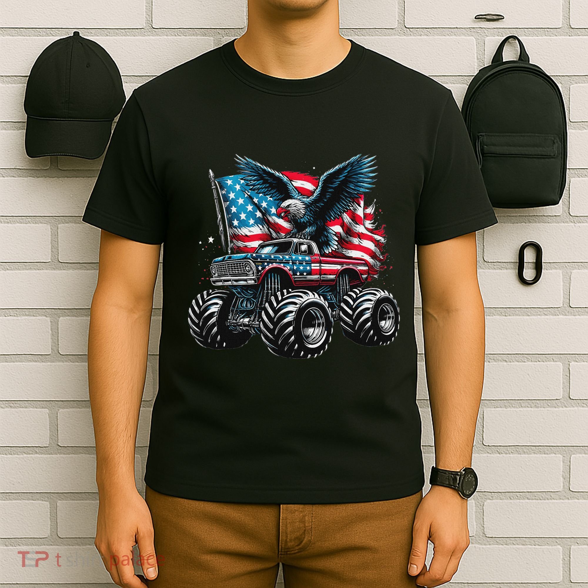 Monster Truck Bald Eagle 4th Of July American Flag T-Shirt