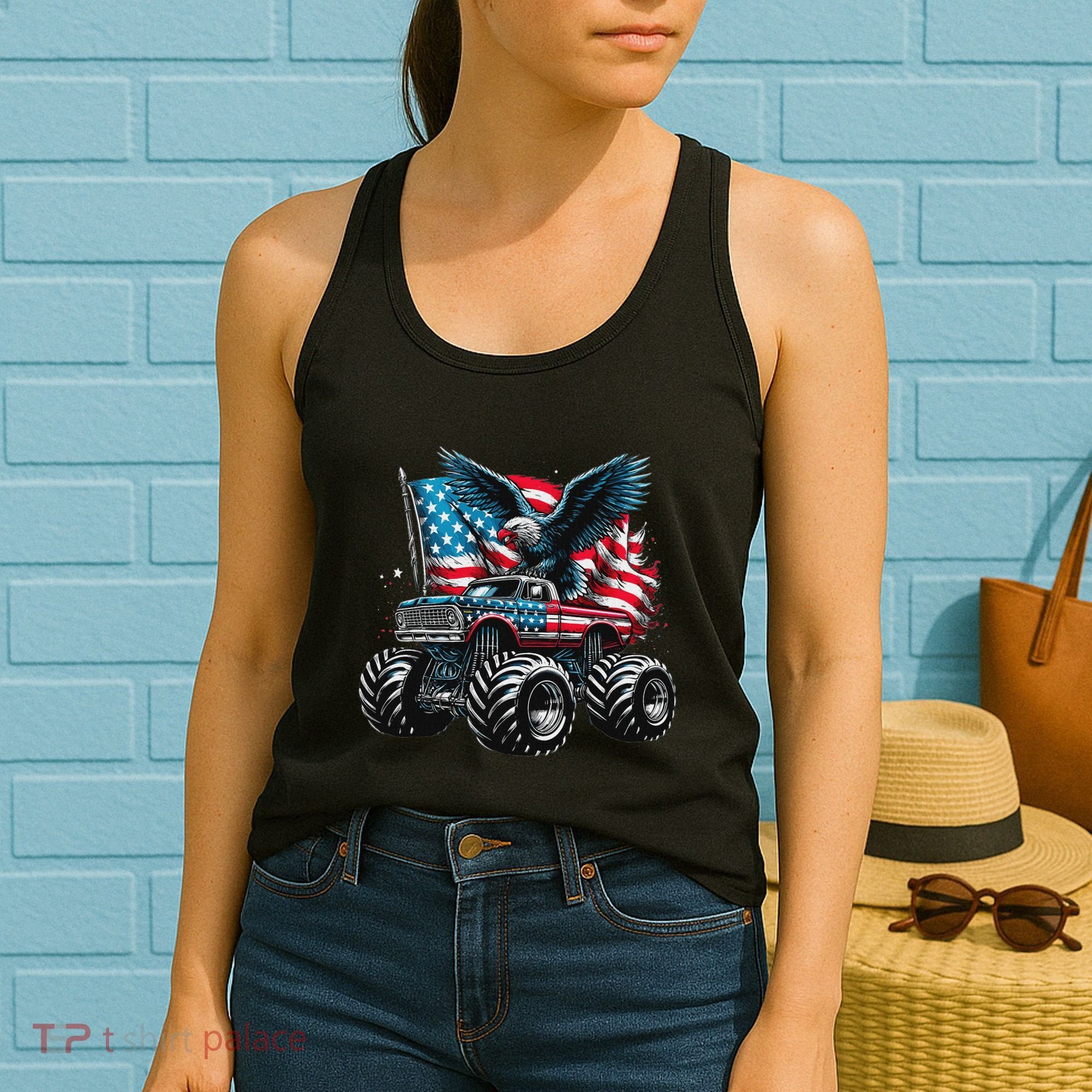 Monster Truck Bald Eagle 4th Of July American Flag Women's Tank Top