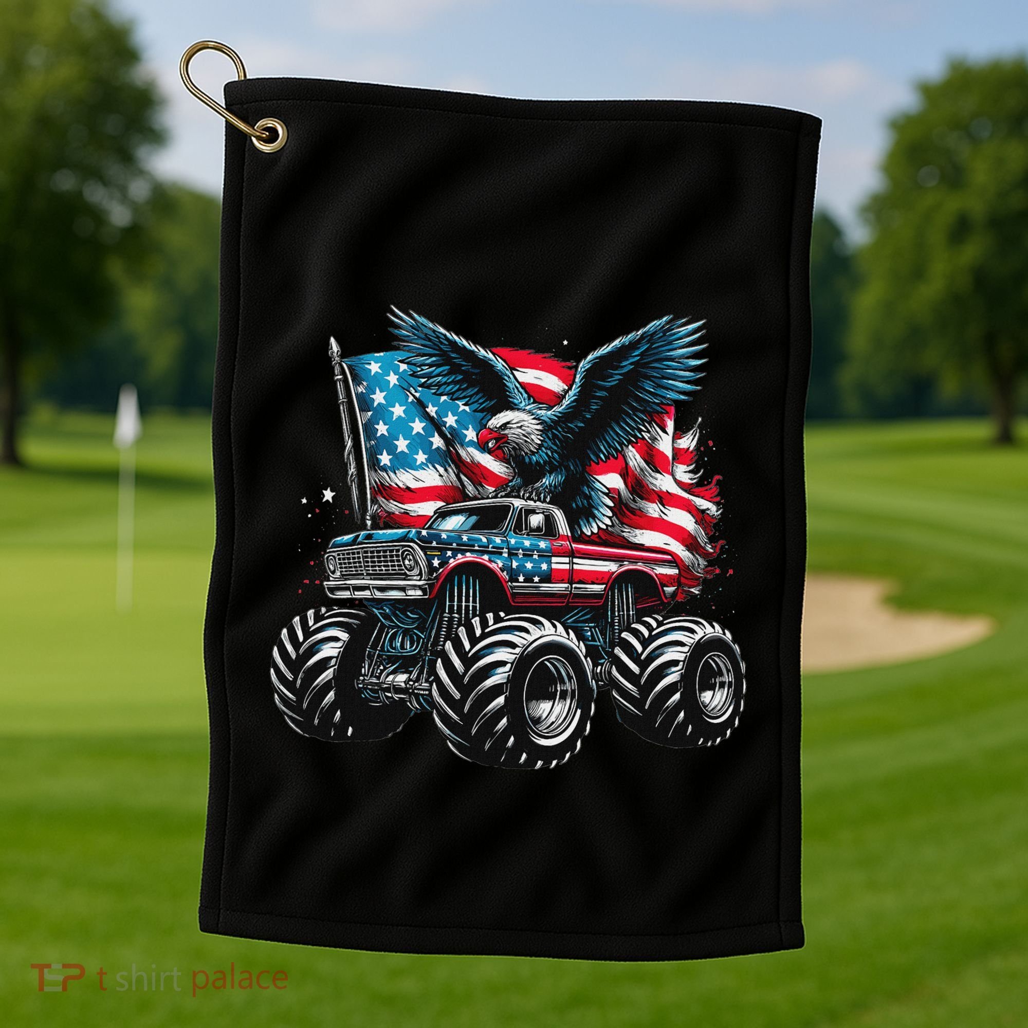 Monster Truck Bald Eagle 4th Of July American Flag Golf Towel