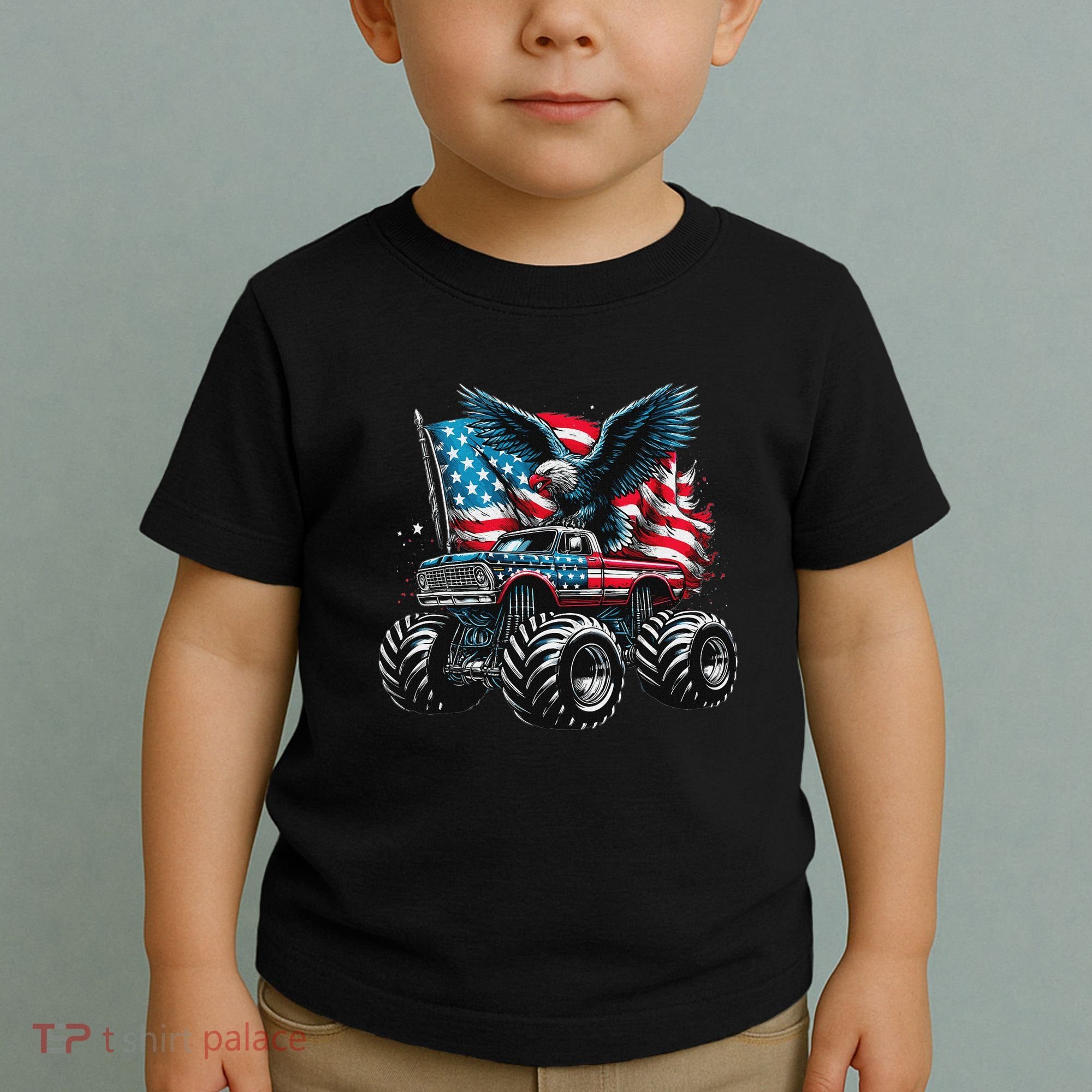 Monster Truck Bald Eagle 4th Of July American Flag Toddler T-Shirt