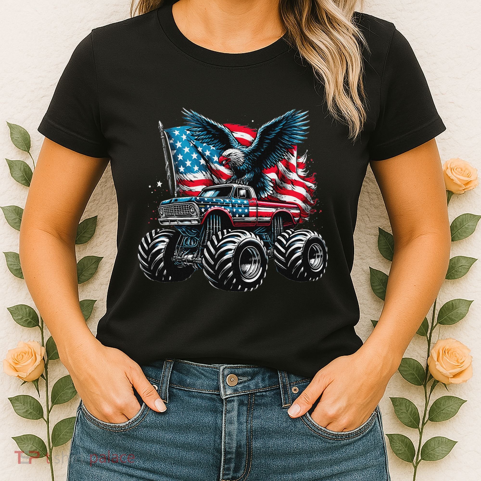 Monster Truck Bald Eagle 4th Of July American Flag Women's T-Shirt