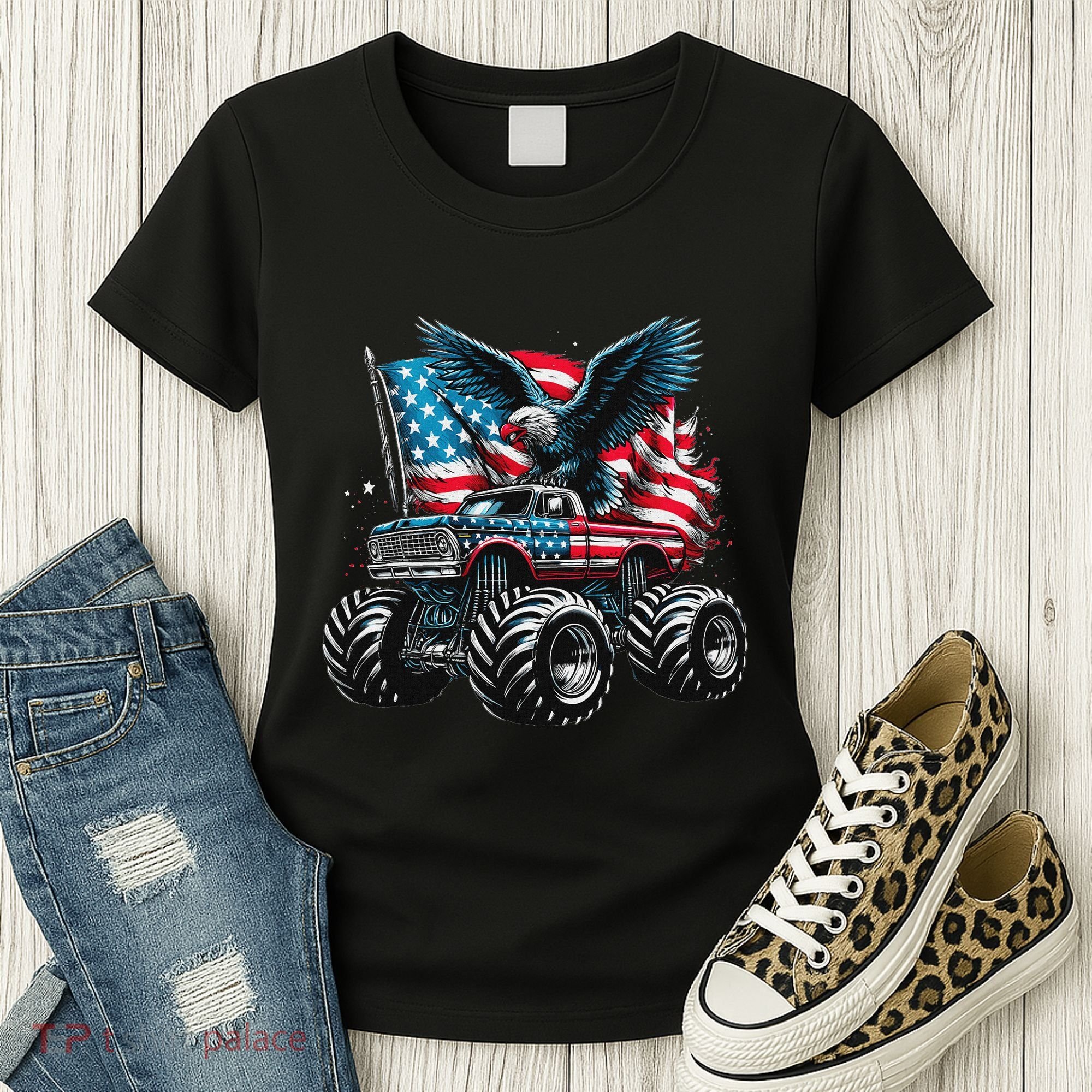 Monster Truck Bald Eagle 4th Of July American Flag Women's T-Shirt