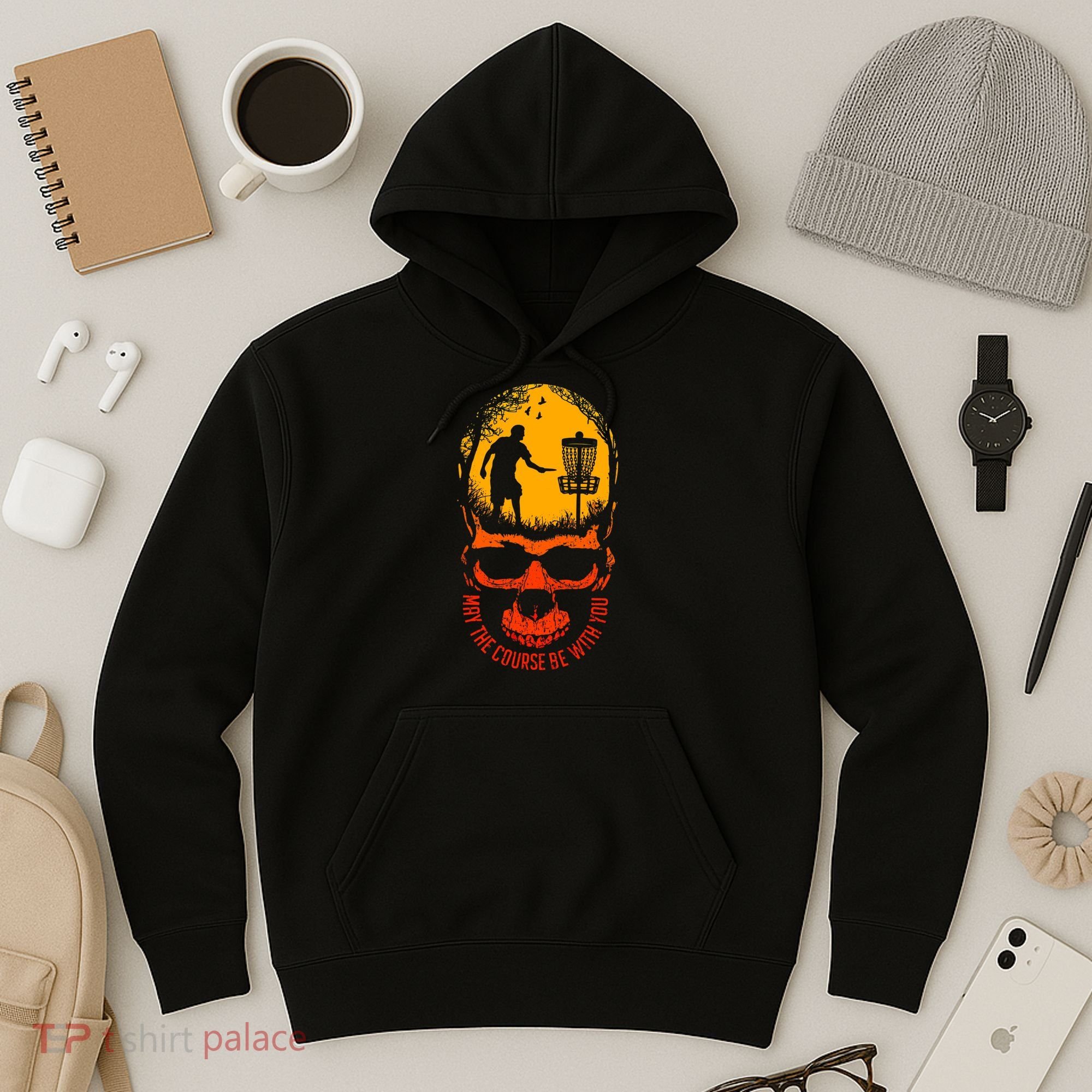 May The Course Be With You Disc Golf Player Skull Sunset Hoodie