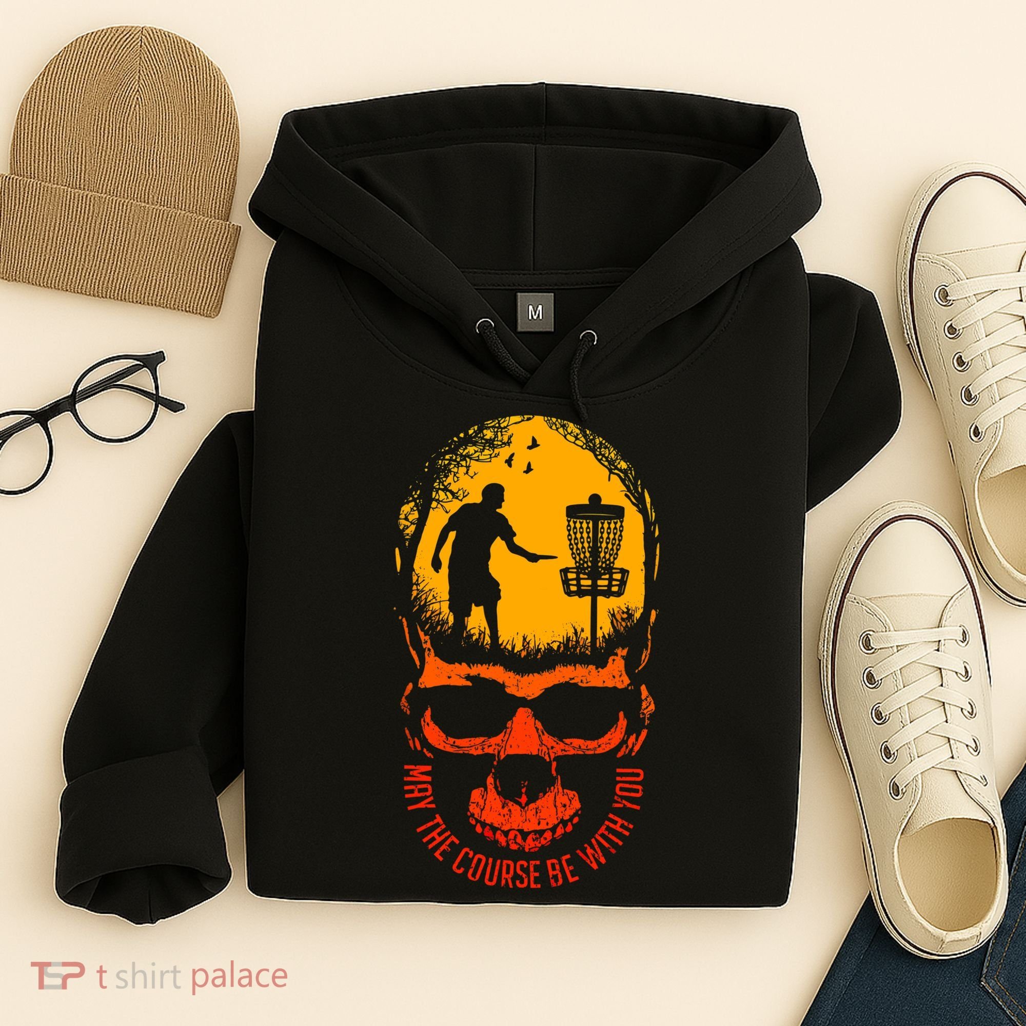 May The Course Be With You Disc Golf Player Skull Sunset Hoodie