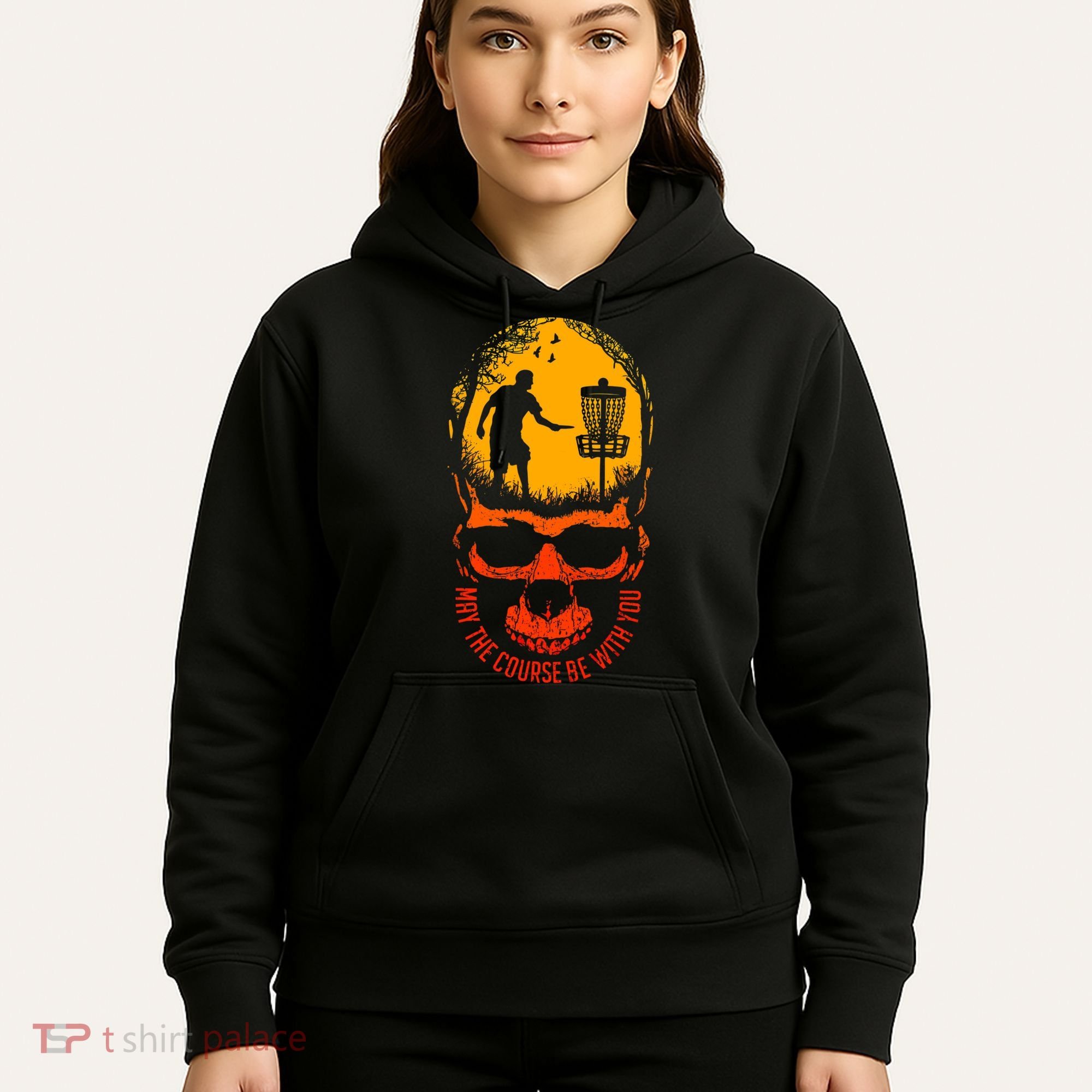May The Course Be With You Disc Golf Player Skull Sunset Hoodie