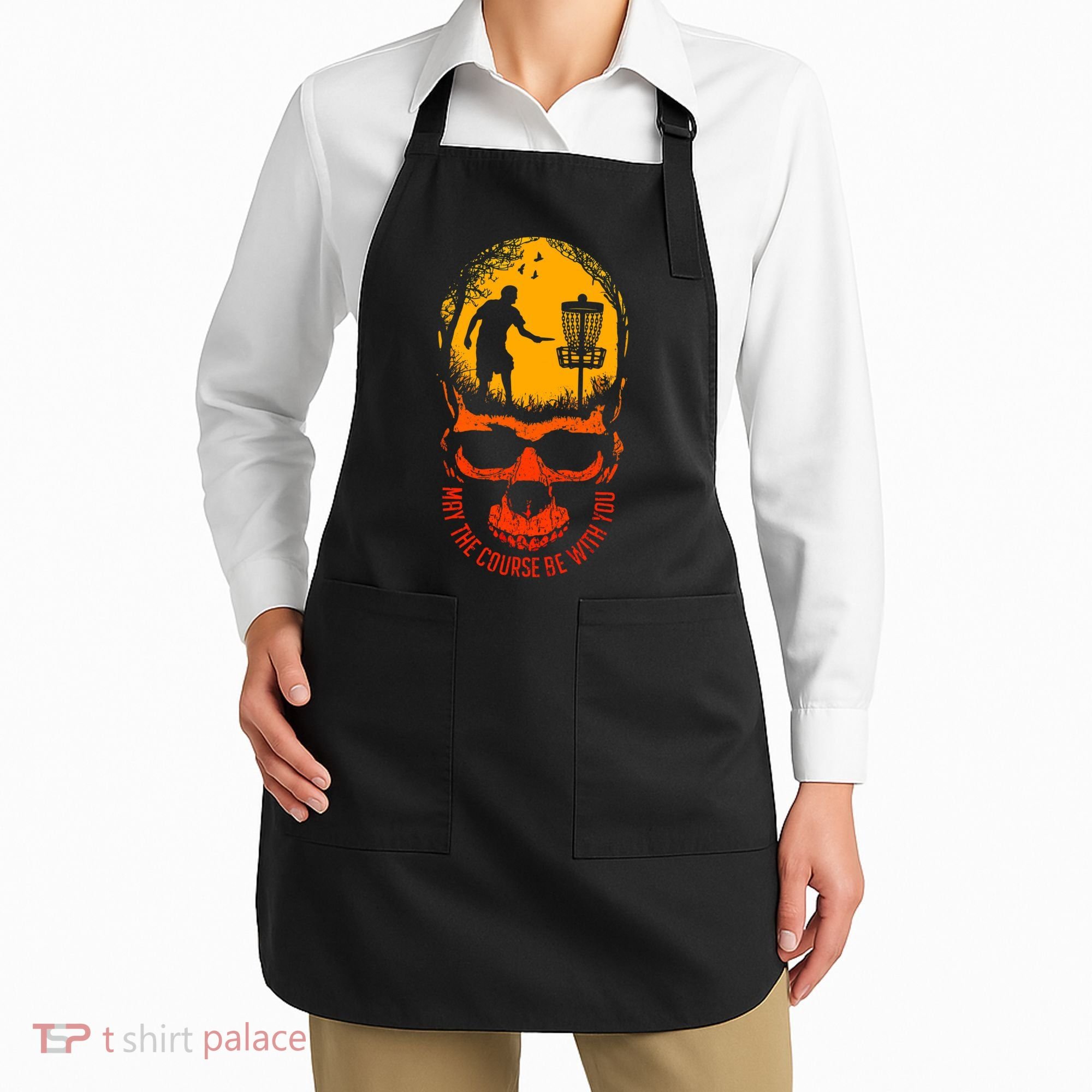 May The Course Be With You Disc Golf Player Skull Sunset Apron