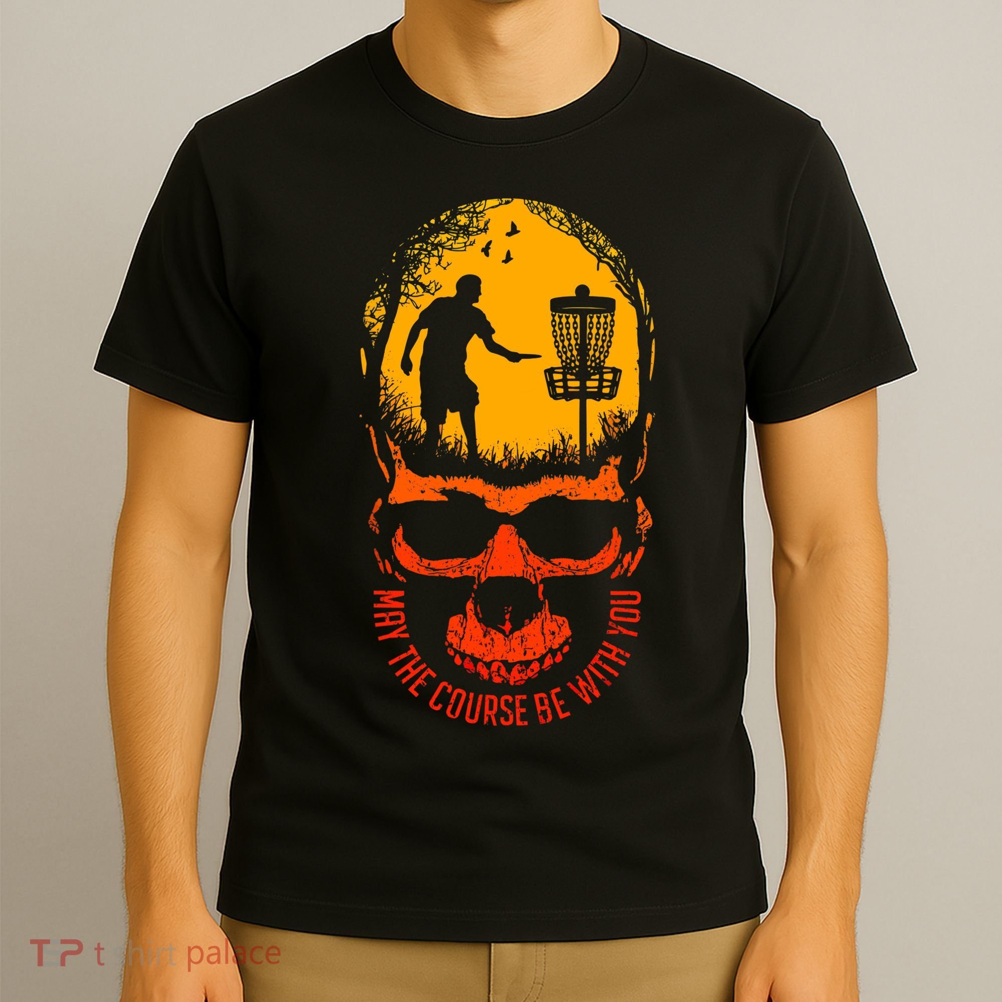 May The Course Be With You Disc Golf Player Skull Sunset T-Shirt