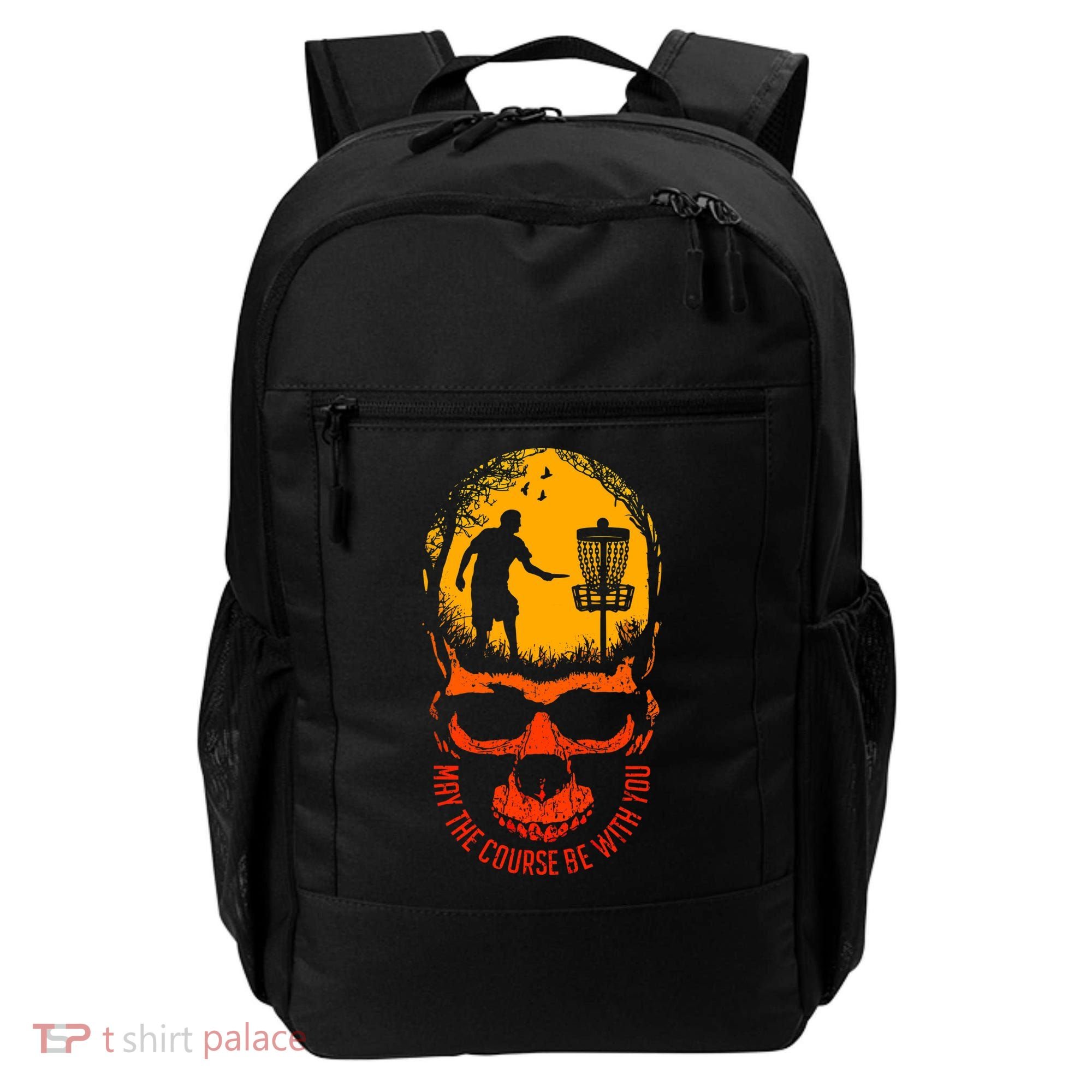 May The Course Be With You Disc Golf Player Skull Sunset Backpack