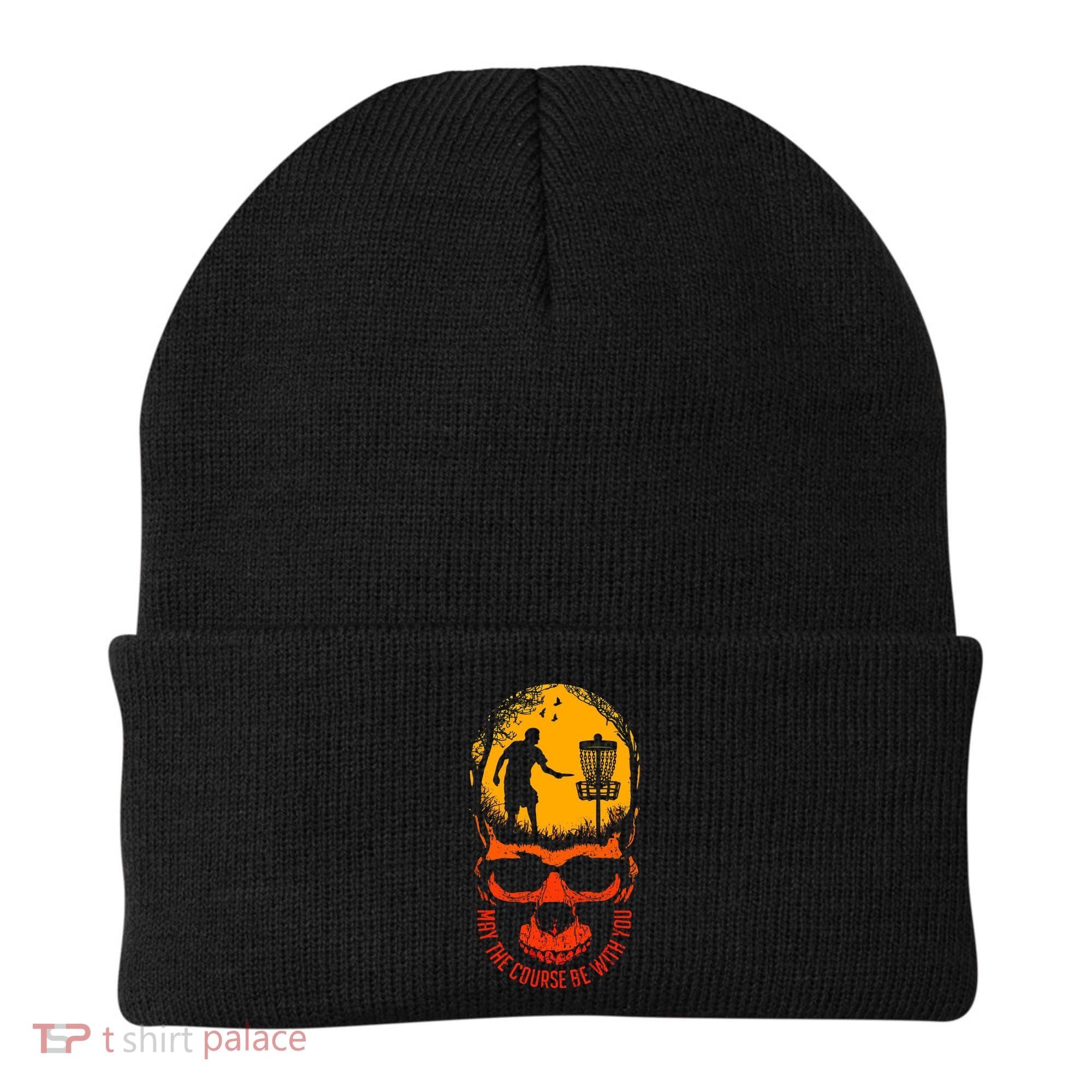 May The Course Be With You Disc Golf Player Skull Sunset Beanie