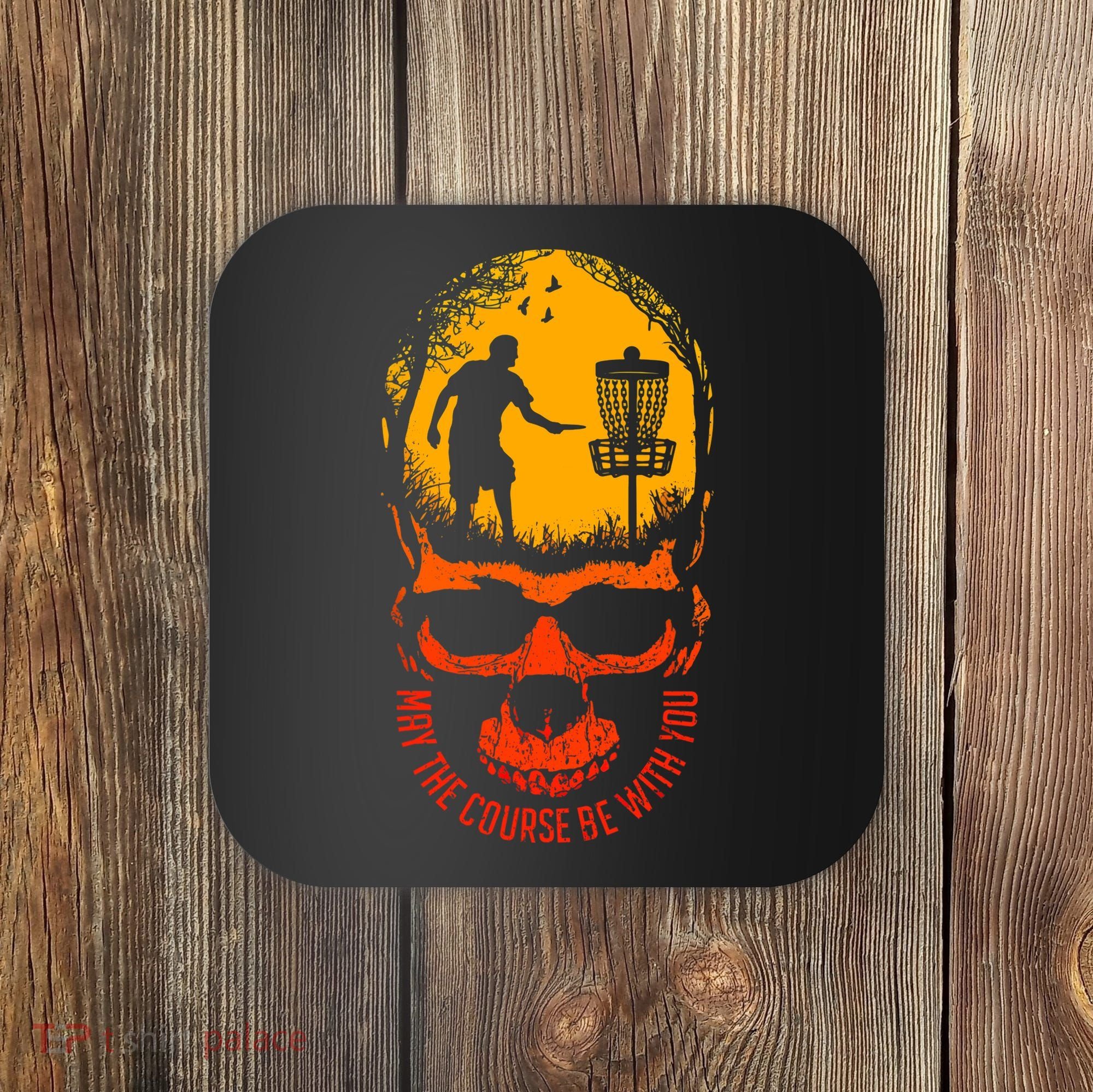 May The Course Be With You Disc Golf Player Skull Sunset Coaster