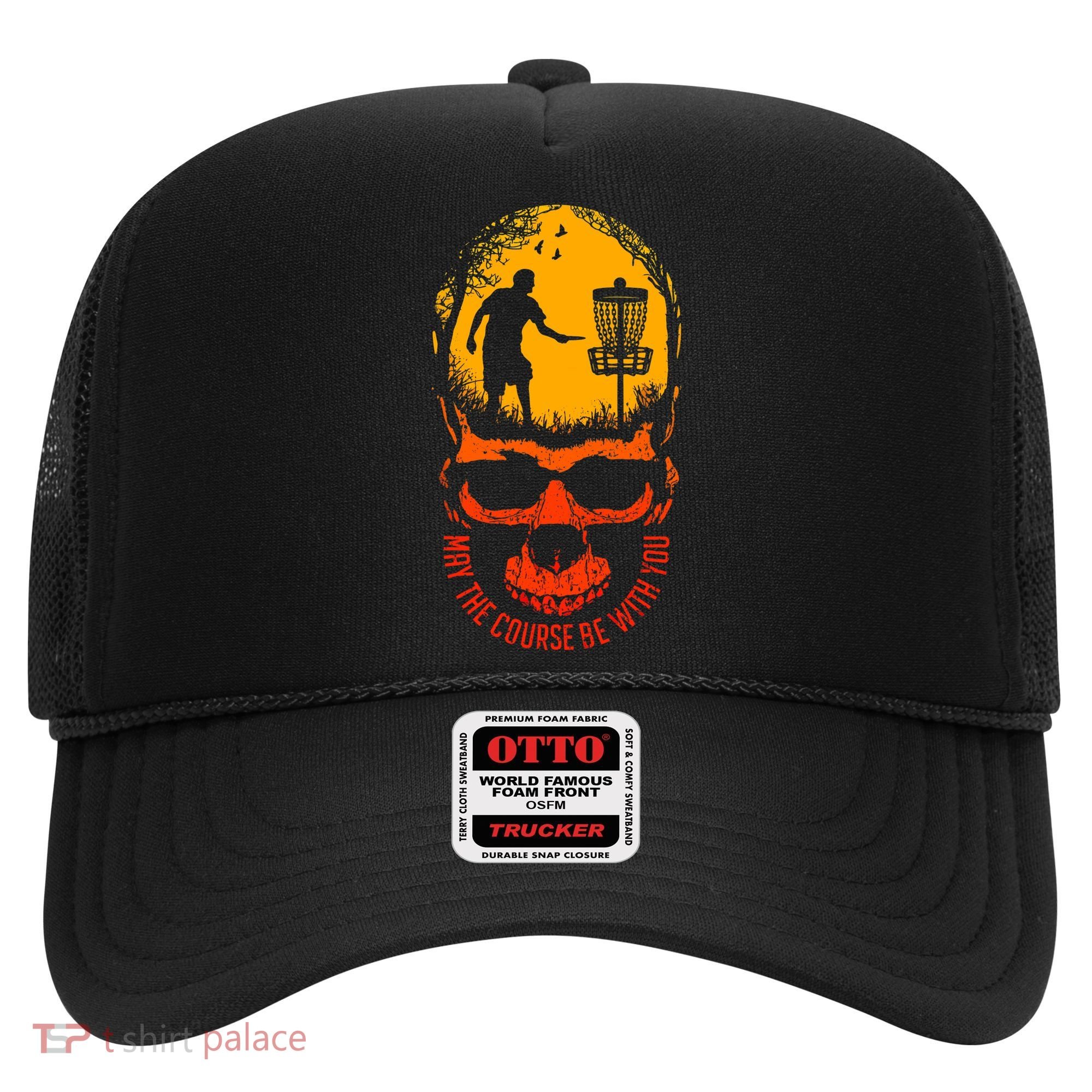 May The Course Be With You Disc Golf Player Skull Sunset Hat