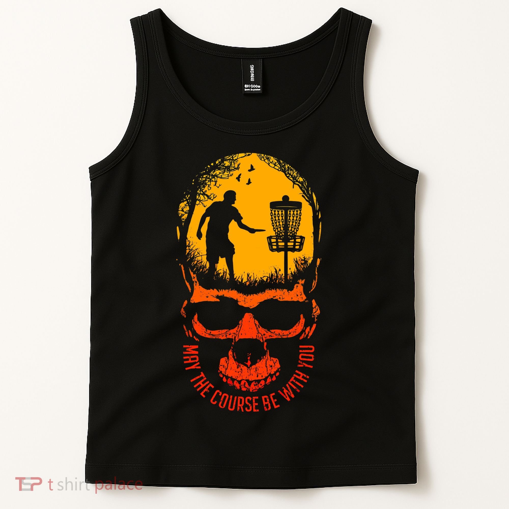 May The Course Be With You Disc Golf Player Skull Sunset Tank Top