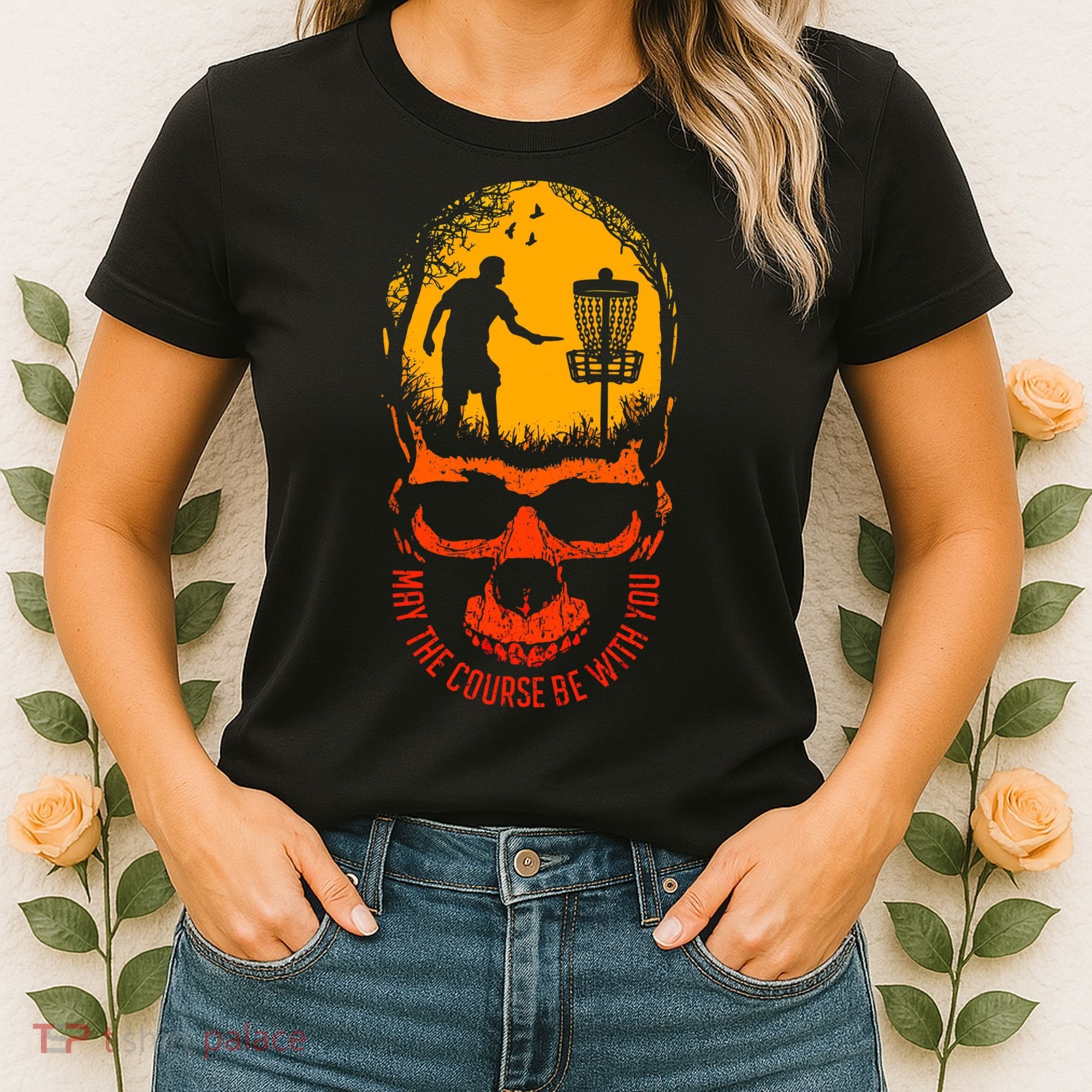 May The Course Be With You Disc Golf Player Skull Sunset Women's T-Shirt