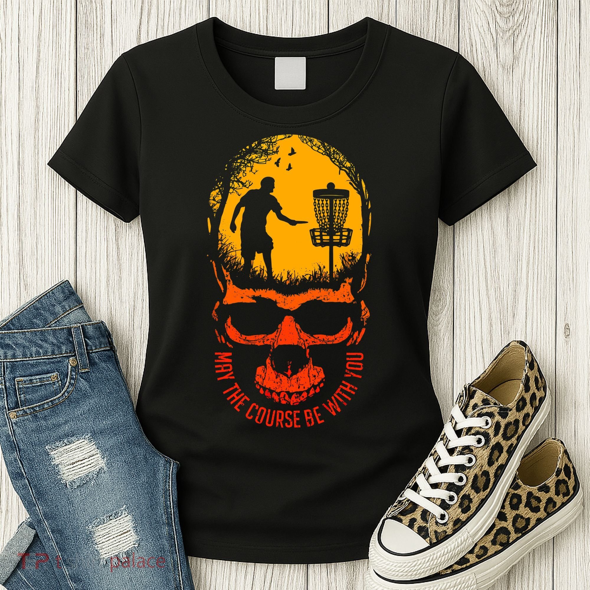May The Course Be With You Disc Golf Player Skull Sunset Women's T-Shirt