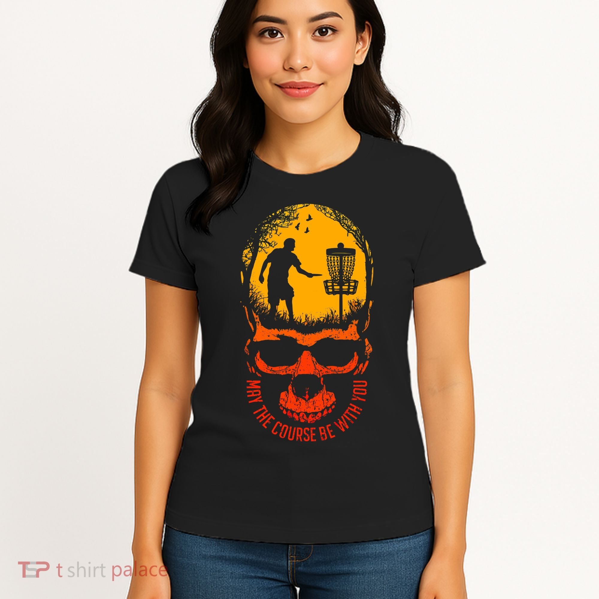 May The Course Be With You Disc Golf Player Skull Sunset Women's T-Shirt
