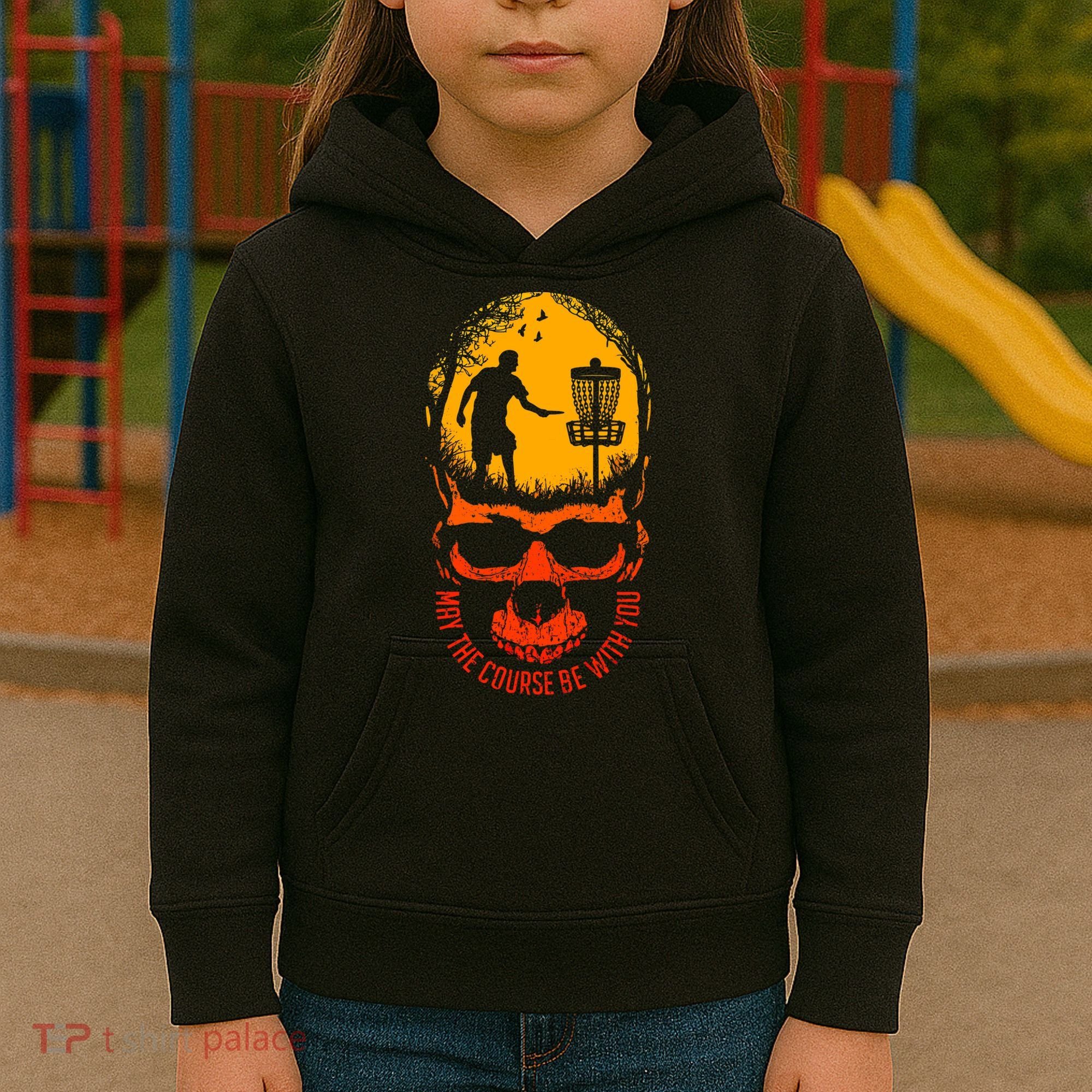 May The Course Be With You Disc Golf Player Skull Sunset Kids Hoodie