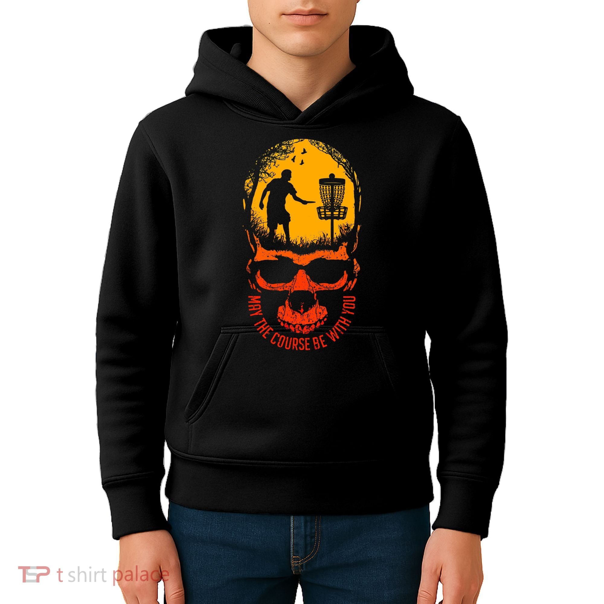 May The Course Be With You Disc Golf Player Skull Sunset Kids Hoodie