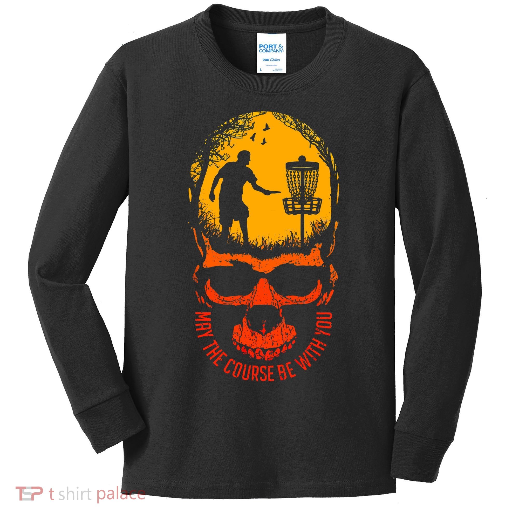 May The Course Be With You Disc Golf Player Skull Sunset Kids Long Sleeve Shirt