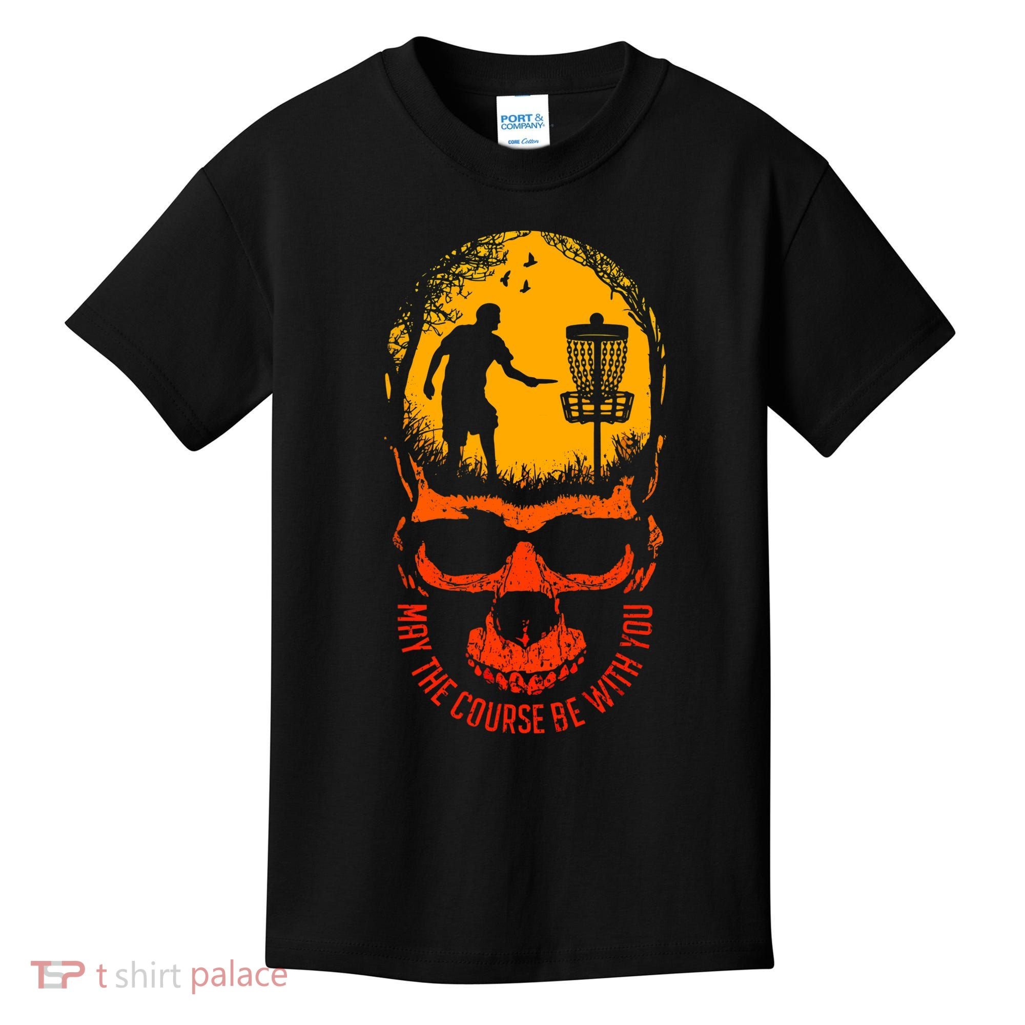 May The Course Be With You Disc Golf Player Skull Sunset Kids T-Shirt