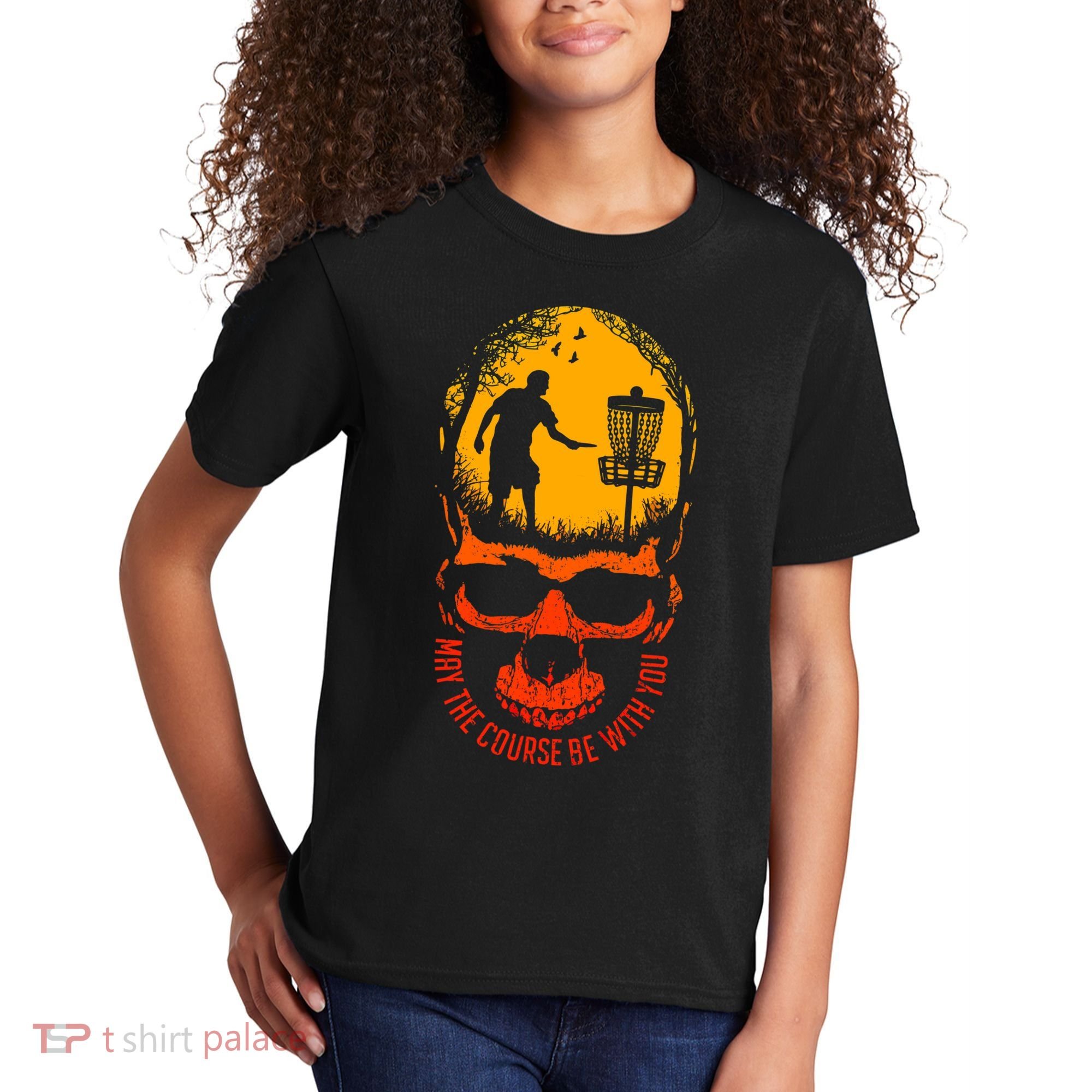 May The Course Be With You Disc Golf Player Skull Sunset Kids T-Shirt