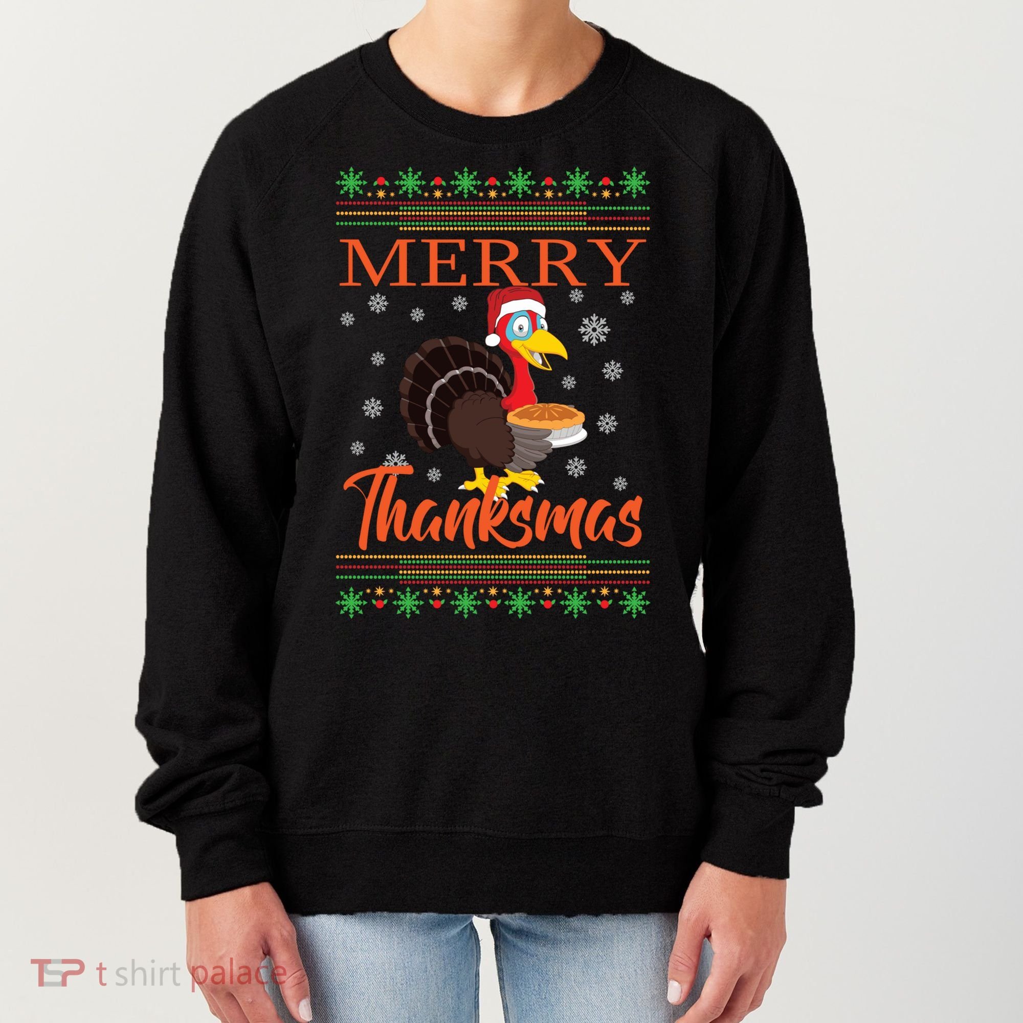 Merry Thanksmas Cute Turkey Santa Hat Thanksgiving Christmas Gift Women's Sweatshirt