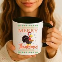 Merry Thanksmas Cute Turkey Santa Hat Thanksgiving Christmas Gift Coffee Mug thumb 3