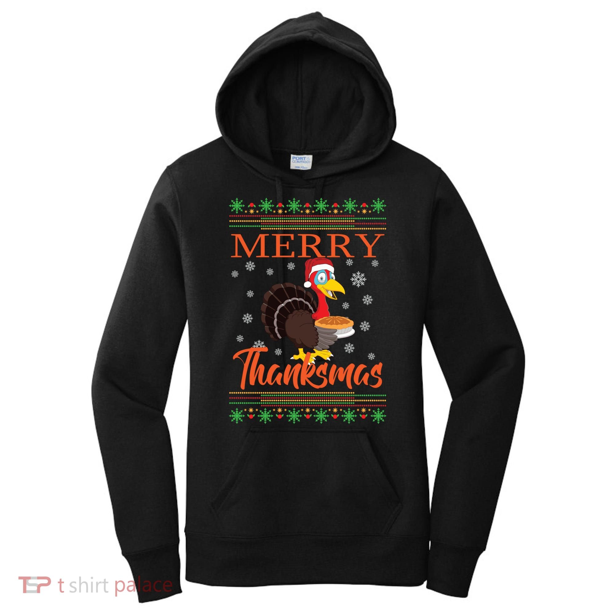 Merry Thanksmas Cute Turkey Santa Hat Thanksgiving Christmas Gift Women's Hoodie