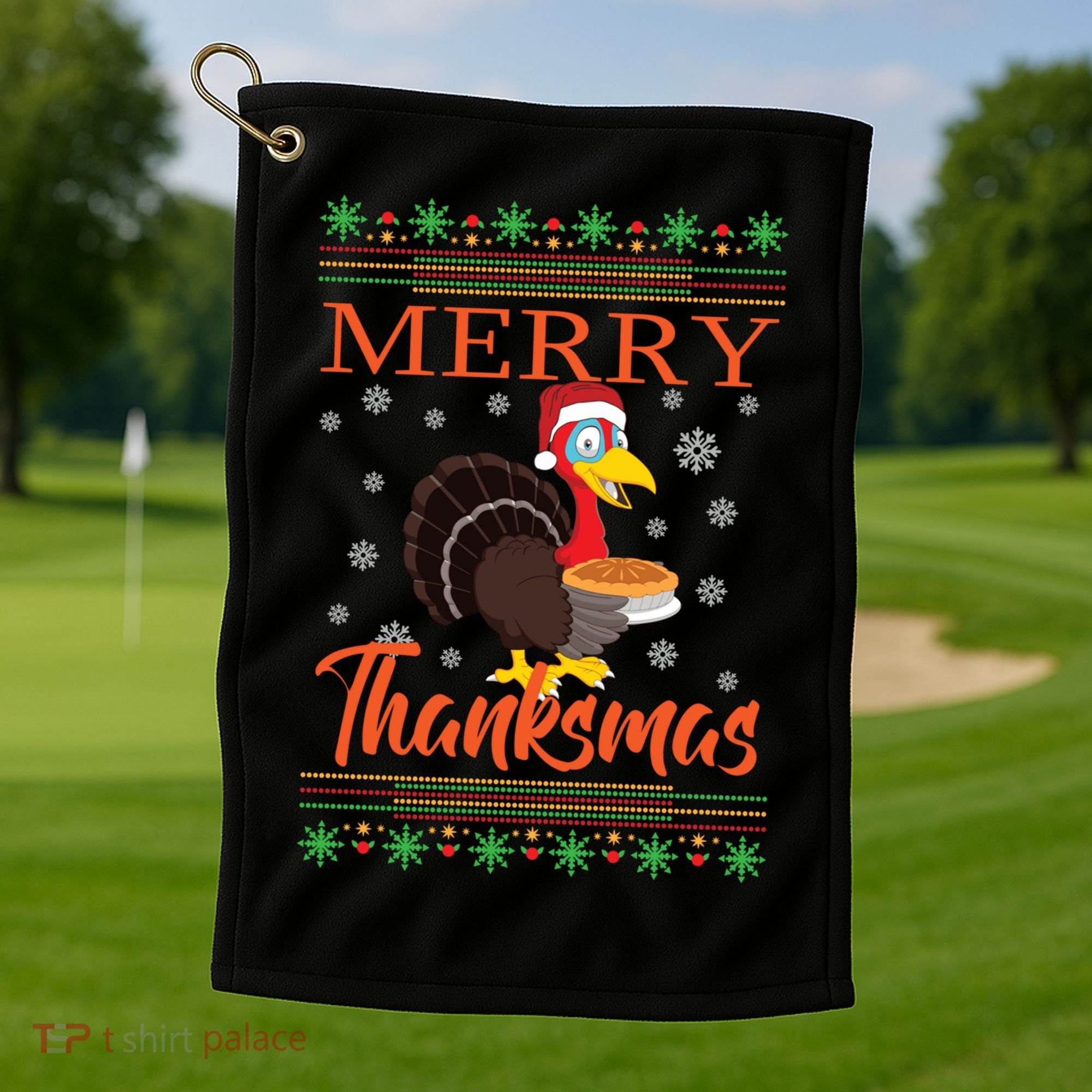 Merry Thanksmas Cute Turkey Santa Hat Thanksgiving Christmas Gift Golf Towel