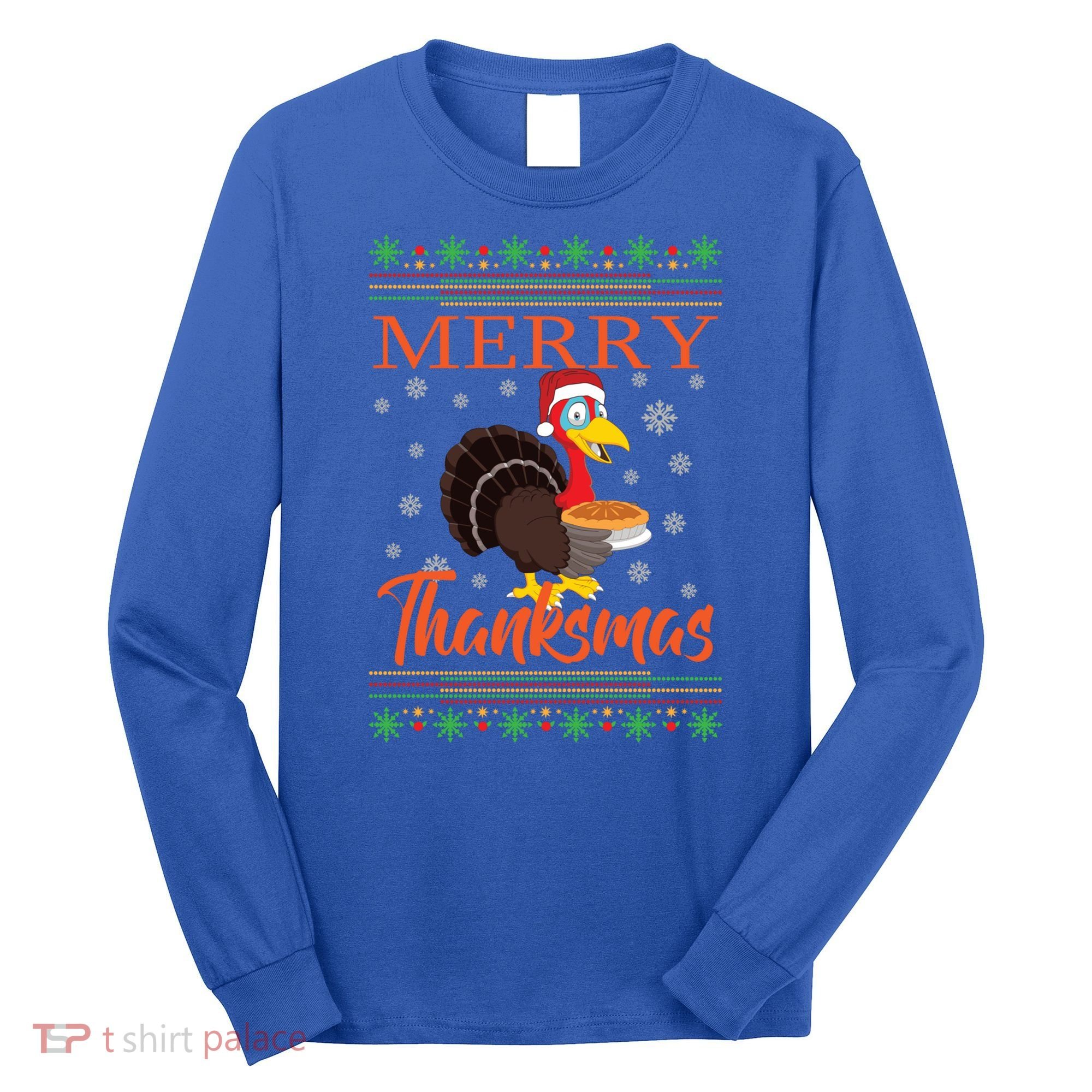 Merry Thanksmas Cute Turkey Santa Hat Thanksgiving Christmas Gift Long Sleeve Shirt