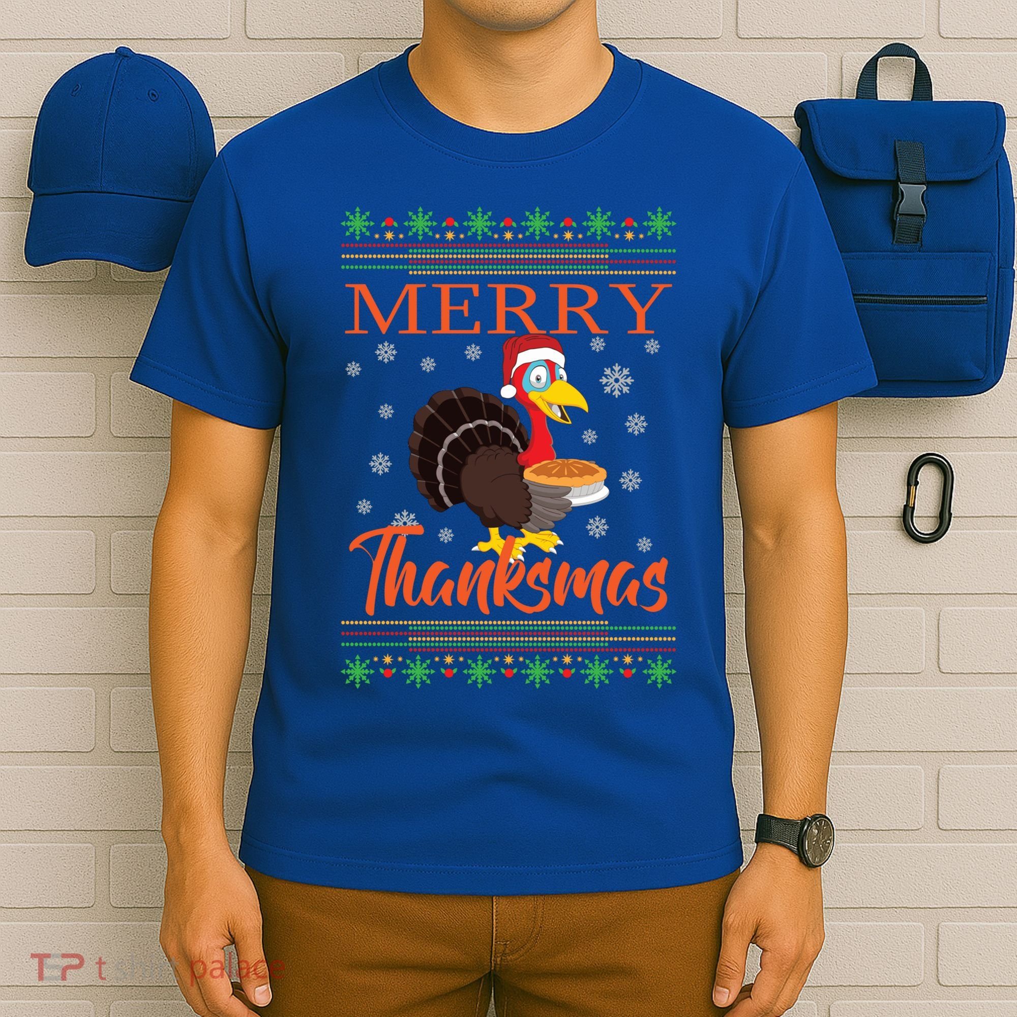 Merry Thanksmas Cute Turkey Santa Hat Thanksgiving Christmas Gift T-Shirt