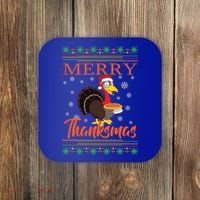 Merry Thanksmas Cute Turkey Santa Hat Thanksgiving Christmas Gift Coaster thumb 0