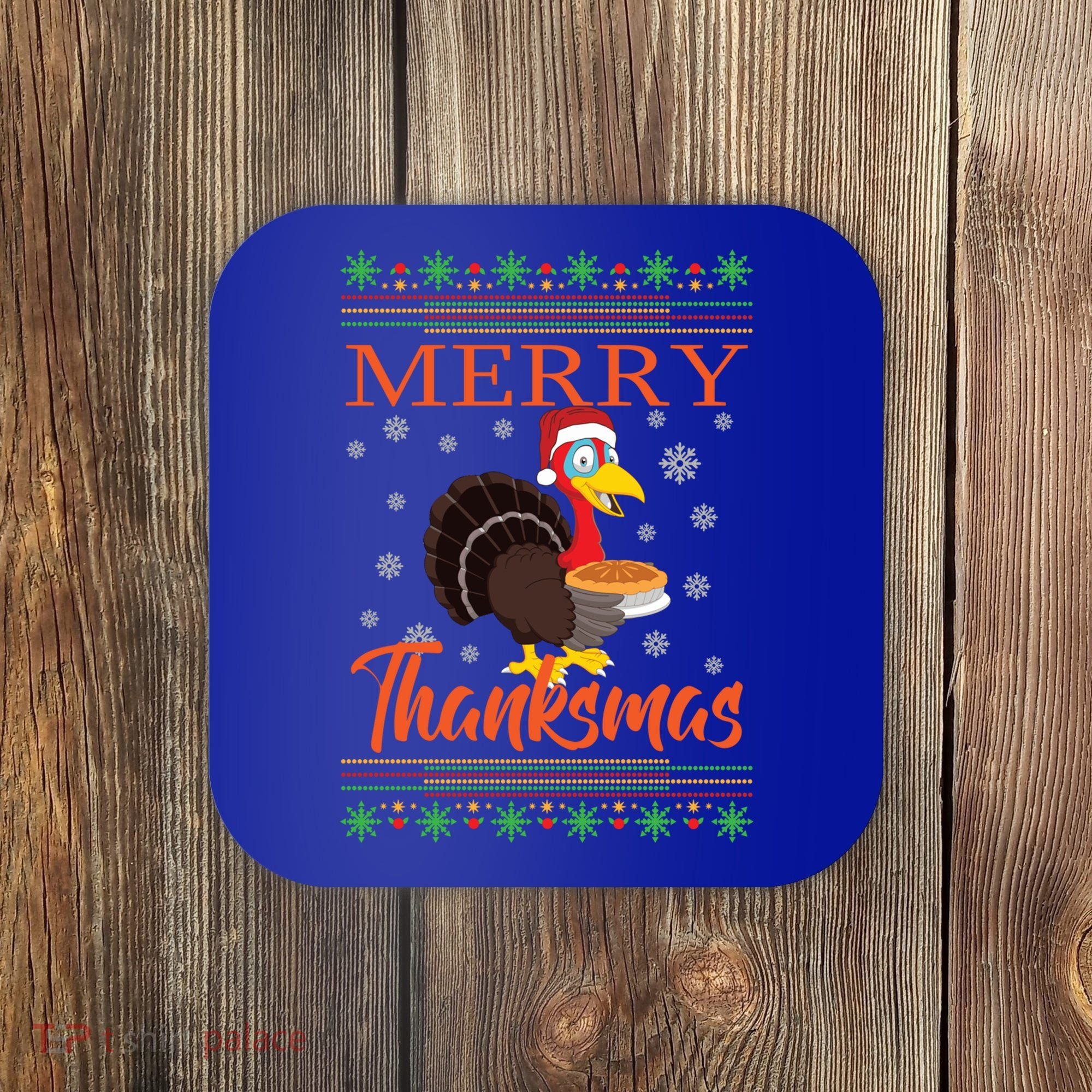 Merry Thanksmas Cute Turkey Santa Hat Thanksgiving Christmas Gift Coaster