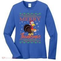 Merry Thanksmas Cute Turkey Santa Hat Thanksgiving Christmas Gift Women's Long Sleeve Shirt thumb 0