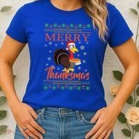 Merry Thanksmas Cute Turkey Santa Hat Thanksgiving Christmas Gift Women's T-Shirt thumb 2