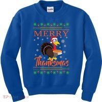 Merry Thanksmas Cute Turkey Santa Hat Thanksgiving Christmas Gift Kids Sweatshirt thumb 0