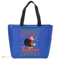 Merry Thanksmas Cute Turkey Santa Hat Thanksgiving Christmas Gift Tote Bag thumb 0