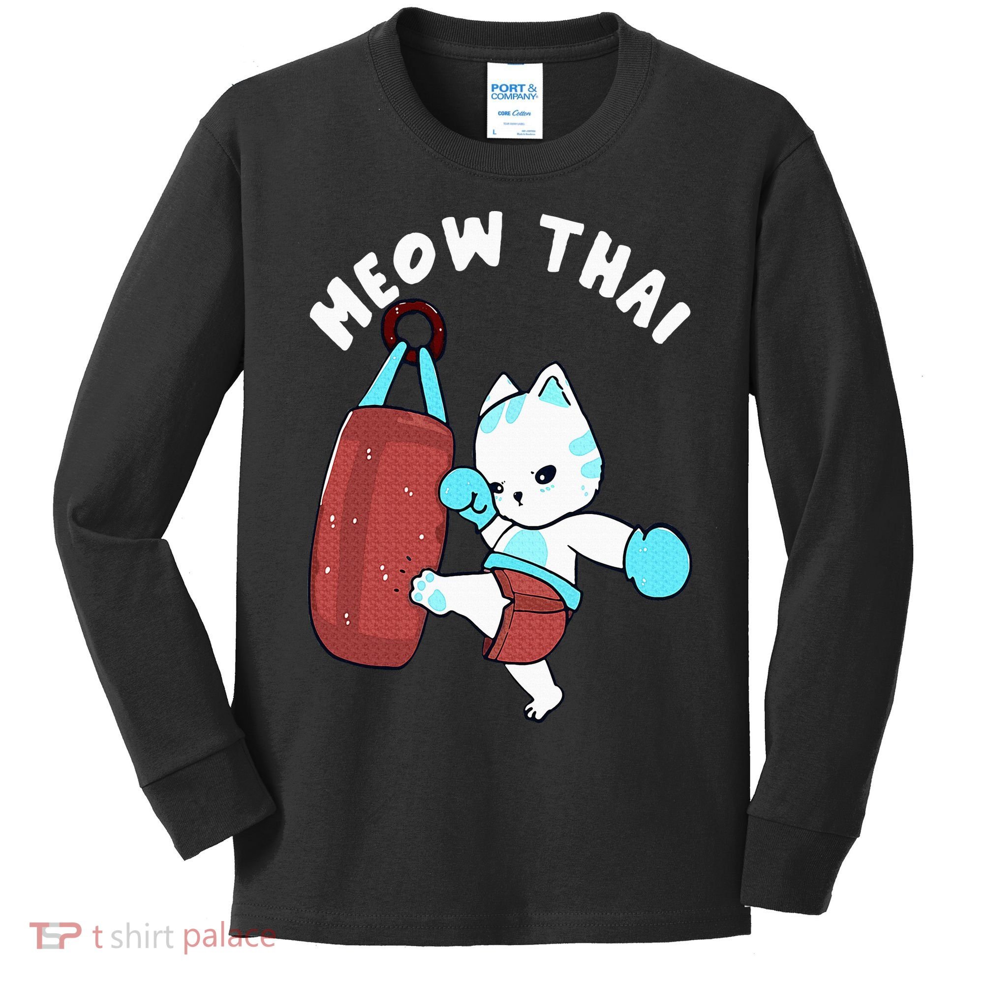 Muay Thai Cat Meow Thai Punching Bag Fighting Sport Kids Long Sleeve Shirt