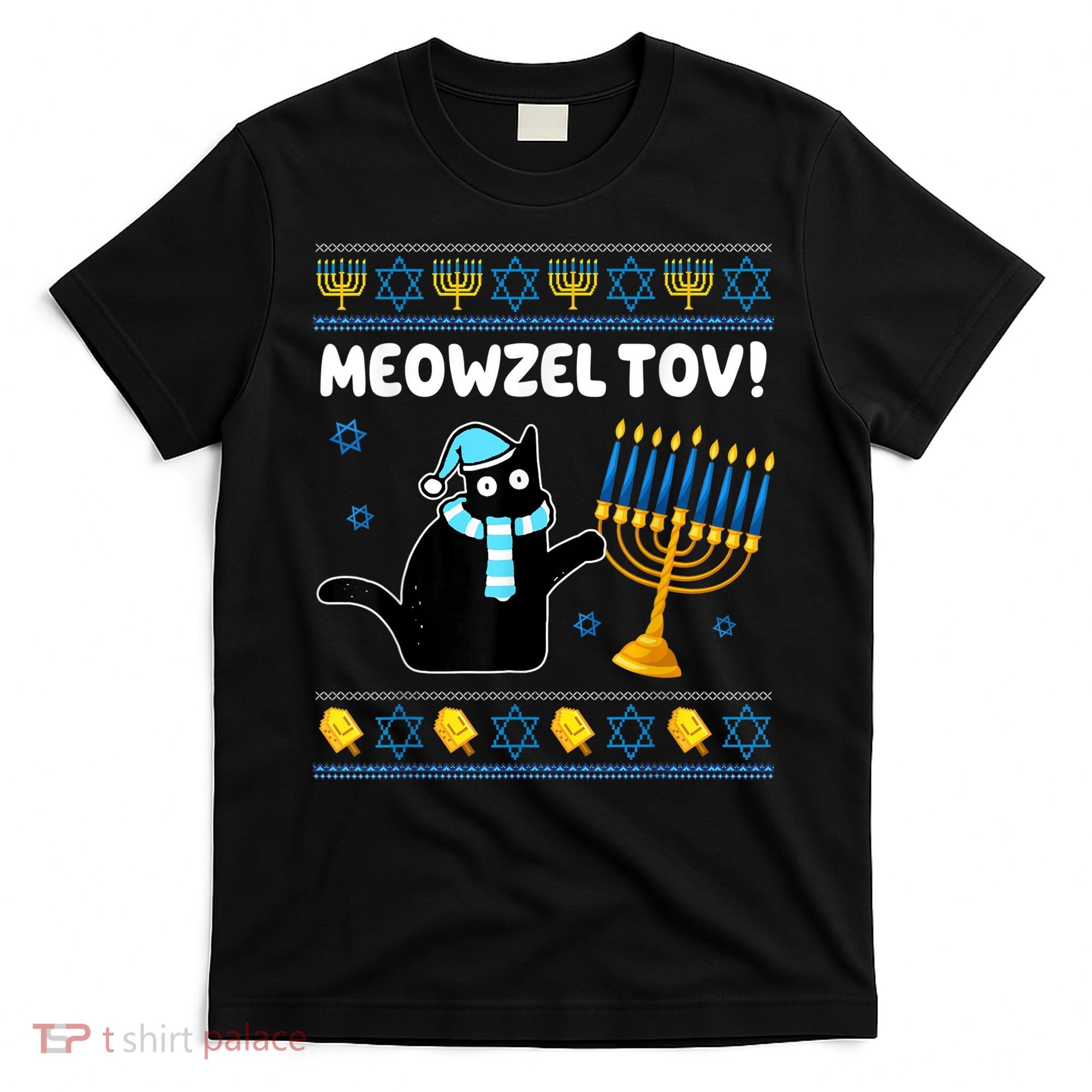 Meowzel Tov Chanukah Jewish Black Cat Hanukkah Ugly Sweater T-Shirt
