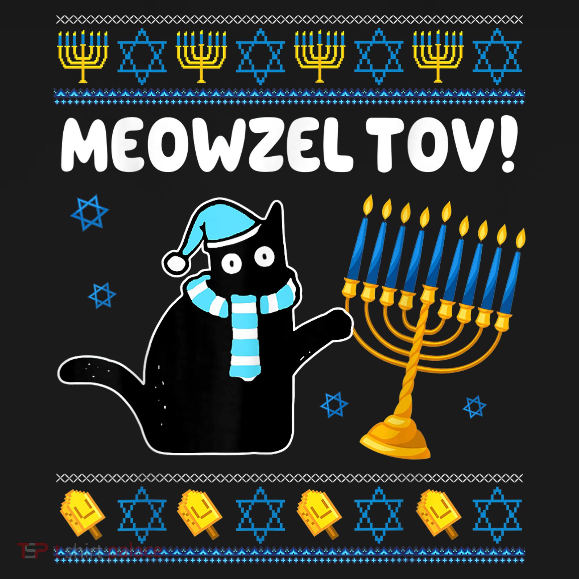 Meowzel Tov Chanukah Jewish Black Cat Hanukkah Ugly Sweater T-Shirt