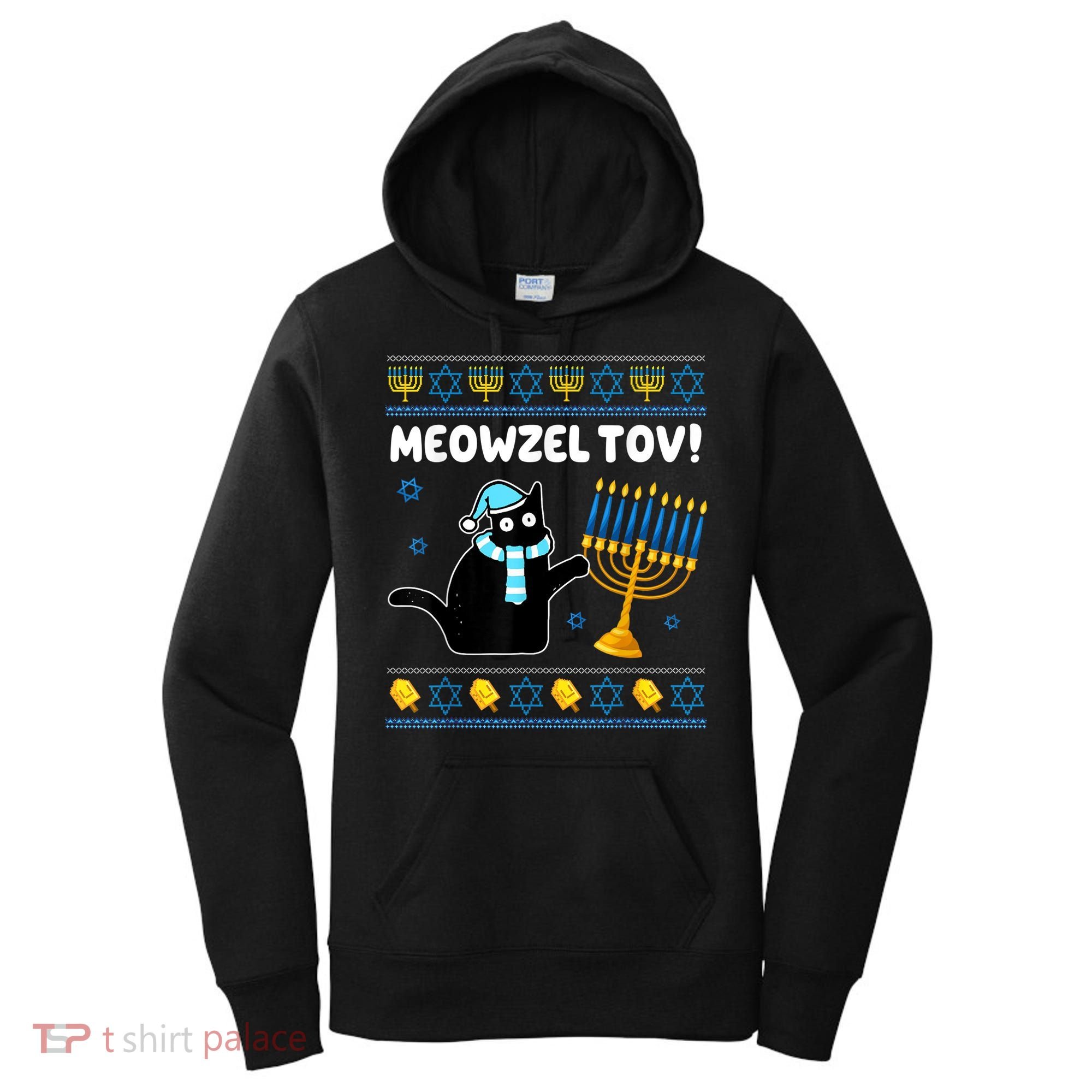 Meowzel Tov Chanukah Jewish Black Cat Hanukkah Ugly Sweater Women's Hoodie