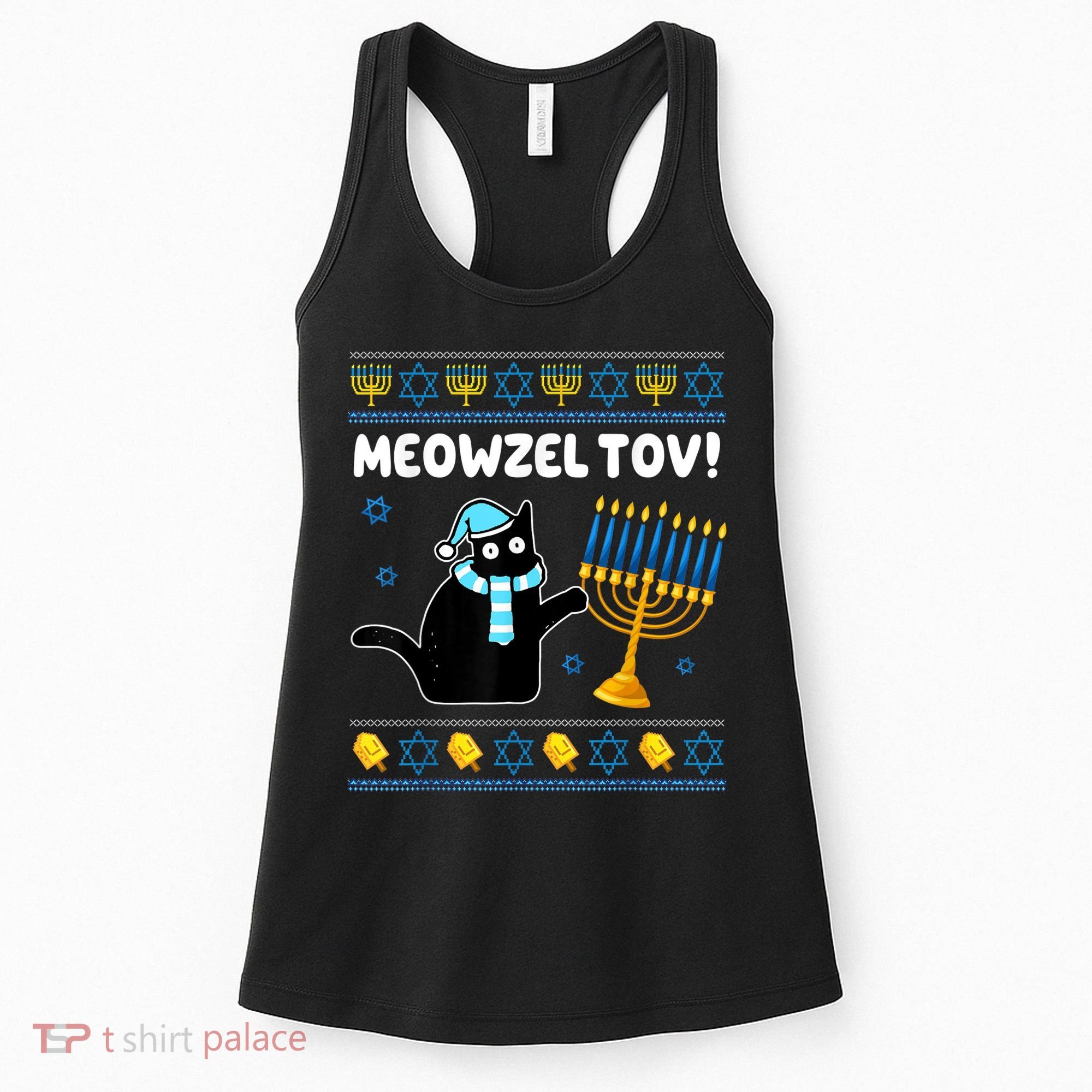 Meowzel Tov Chanukah Jewish Black Cat Hanukkah Ugly Sweater Women's Tank Top