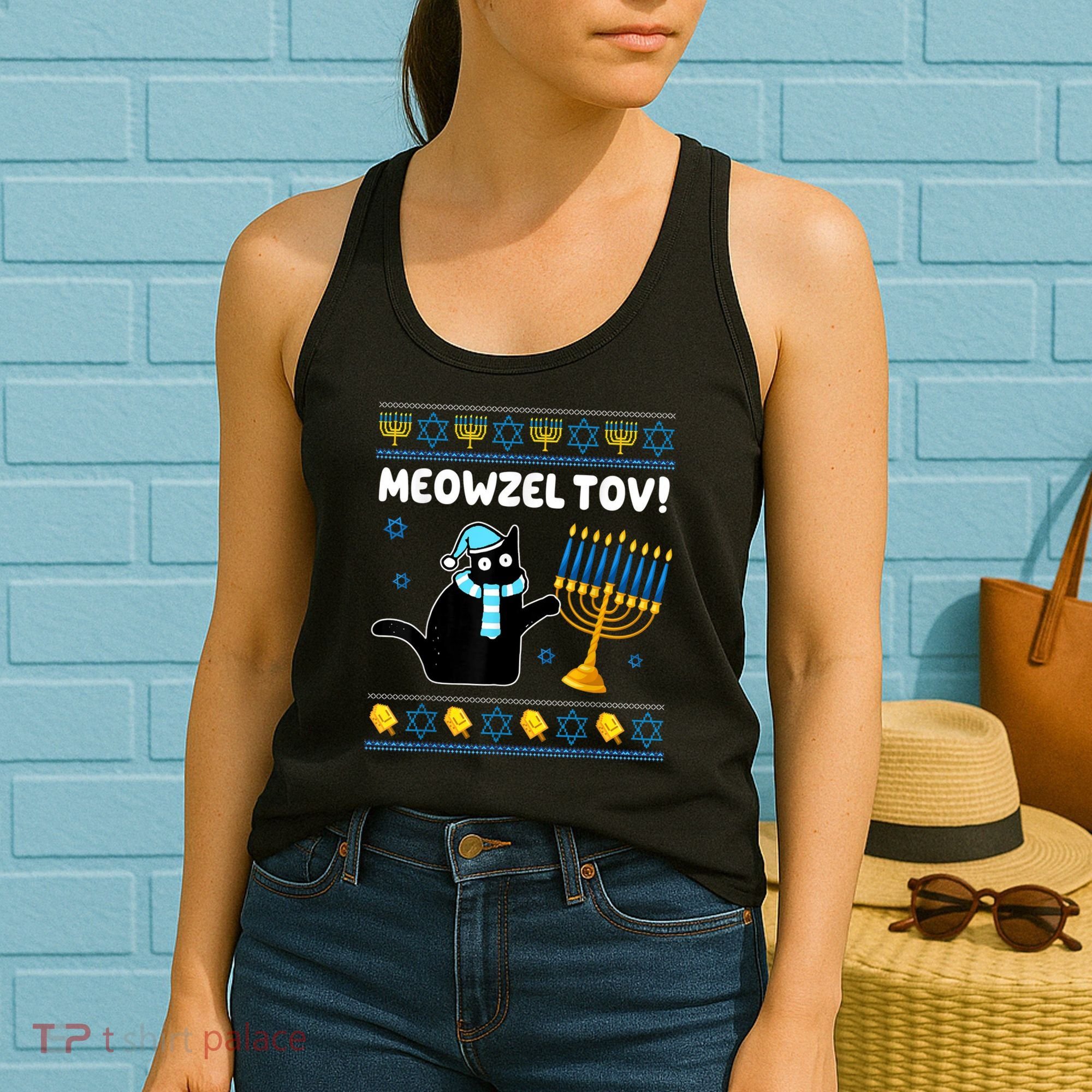 Meowzel Tov Chanukah Jewish Black Cat Hanukkah Ugly Sweater Women's Tank Top