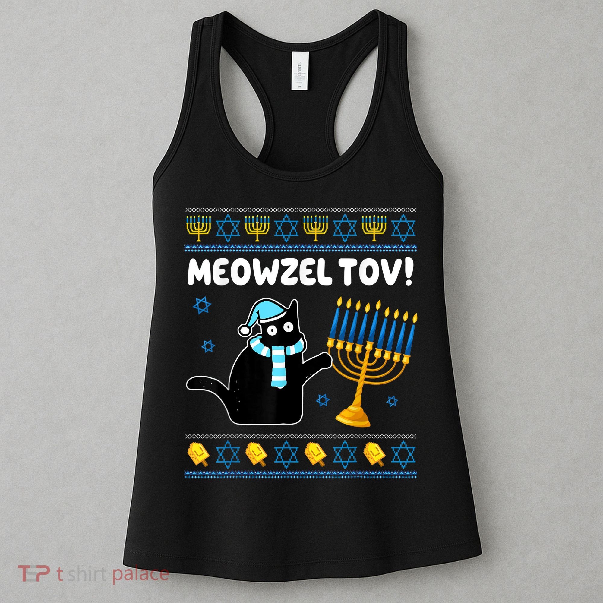 Meowzel Tov Chanukah Jewish Black Cat Hanukkah Ugly Sweater Women's Tank Top
