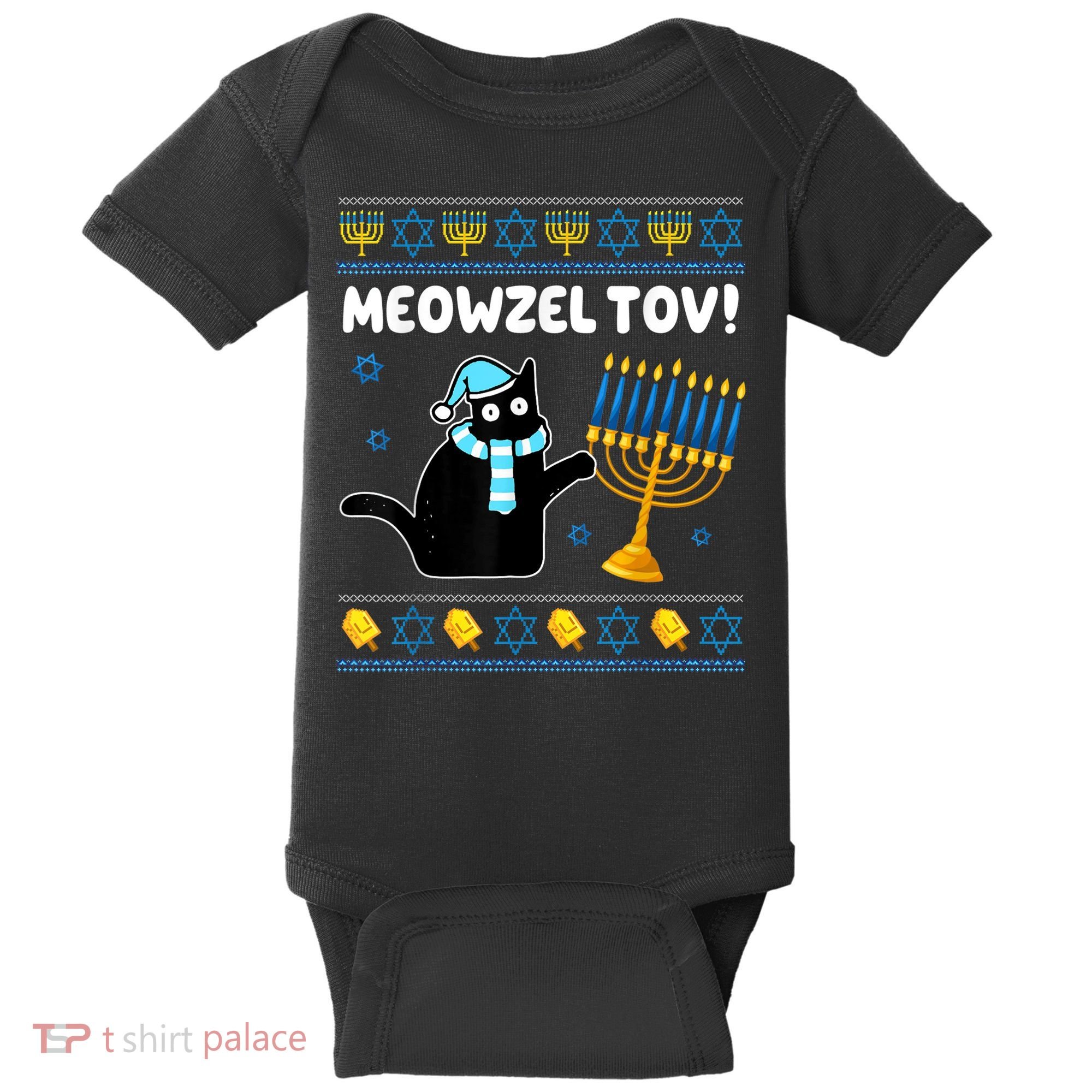 Meowzel Tov Chanukah Jewish Black Cat Hanukkah Ugly Sweater Baby Bodysuit