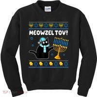 Meowzel Tov Chanukah Jewish Black Cat Hanukkah Ugly Sweater Kids Sweatshirt thumb 0