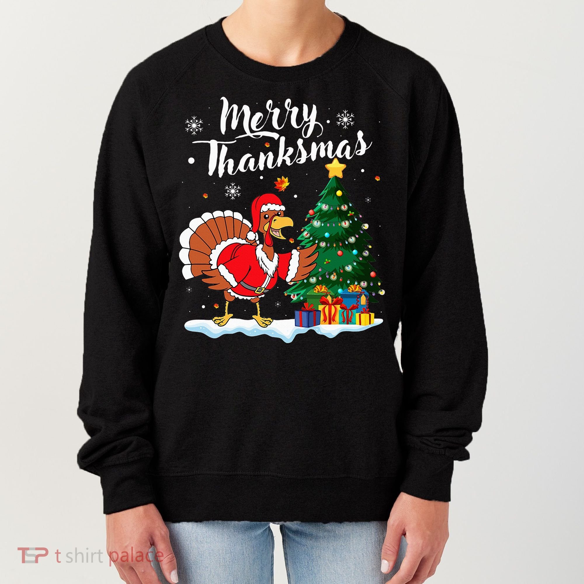 Merry Thanksmas Christmas Turkey Santa Thanksgiving Fall Women's Sweatshirt