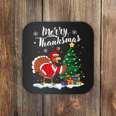 Merry Thanksmas Christmas Turkey Santa Thanksgiving Fall Coaster